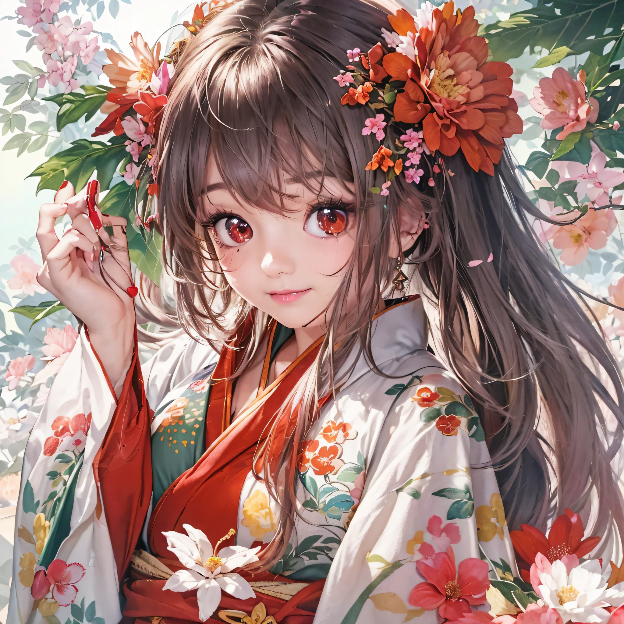 (masutepiece:1.2, Best Quality), (finely detailed beautiful eye: 1.2), ((1girl in)), ((Solo)), (Red Eyes:1.4), (finely detailed eyes and detailed face:1.3), (beautiful and clear background:1.2), (extremely details CG, Ultra-detailed, Best Shadow:1.1), ((depth of fields)), Kimono, Large breasts, Bare shoulders, Flowers and petals, beautiful concept illustration, (White background:0.5), (Illustration:1.1), (extremely fine and beautiful:1.1), (perfect detail:1.1), Yamato, Massive breasts, Looking at Viewer, Smile, Happy, blush, cleavage, Wink, hard , wide hips, thick thighs, White wet kimono, Side boobs, Pose Seductive, Red Hakama, -Imagine-