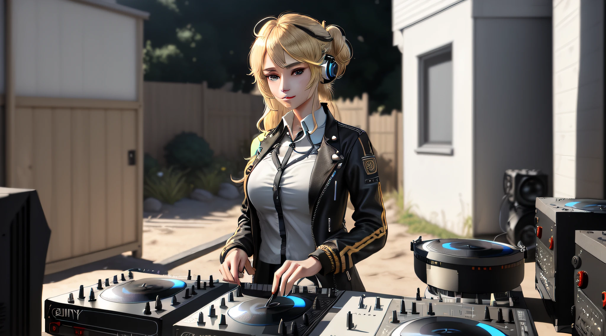 (extremely detailed CG unity 8k wallpaper), (ultra-detailed), masterpiece, best quality, blonde female dj, solo, long hair , dark brown gold hair colour,hip vent, black jacket,white shirt bare shoulders, realistic art style, looks like reality,one dj mixer and two DJ electrical Turntables,background(located in someones backyard),slight smile,detailed,minor detials,chignon,normal clothing
