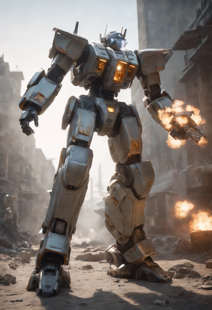 ((Best Quality)), ((Masterpiece)), (Very Detailed:1.3), 3D, Shitu-mecha,cyberpunk ,A young man  wearing his mecha in ruins of a city of forgotten wars, streets with mecha in firefight, short silver hair, sci-fi technology, HDR (High Dynamic Range), ray tracing, NVIDIA RTX, super resolution, Unreal 5, subsurface scattering, PBR texture, post-processing, anisotropic filtering, depth of field, maximum sharpness and sharpness, Multi-layer textures, albedo and specular maps, surface shading, accurate simulation of light-material interactions, perfect ratios, octane rendering, duotone lighting, low ISO, white balance, rule of thirds, wide aperture, 8K RAW, efficient sub-pixels, subpixel convolution, luminous particles, light scattering, Tyndall effect,upper body