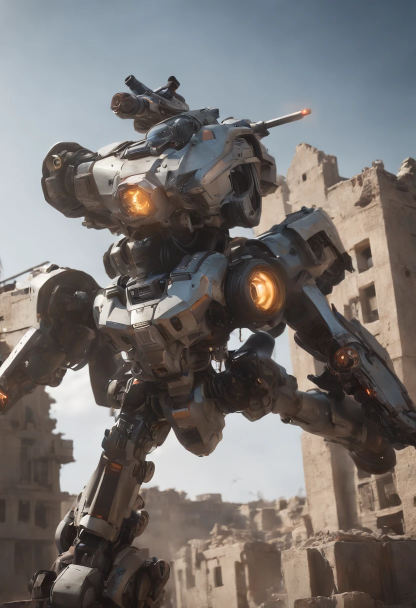 ((Best Quality)), ((Masterpiece)), (Very Detailed:1.3), 3D, Shitu-mecha,cyberpunk ,A young man wearing his mecha in ruins of a city of forgotten wars, streets with mecha in firefight, short silver hair, sci-fi technology, HDR (High Dynamic Range), ray tracing, NVIDIA RTX, super resolution, Unreal 5, subsurface scattering, PBR texture, post-processing, anisotropic filtering, depth of field, maximum sharpness and sharpness, Multi-layer textures, albedo and specular maps, surface shading, accurate simulation of light-material interactions, perfect ratios, octane rendering, duotone lighting, low ISO, white balance, rule of thirds, wide aperture, 8K RAW, efficient sub-pixels, subpixel convolution, luminous particles, light scattering, Tyndall effect,upper body