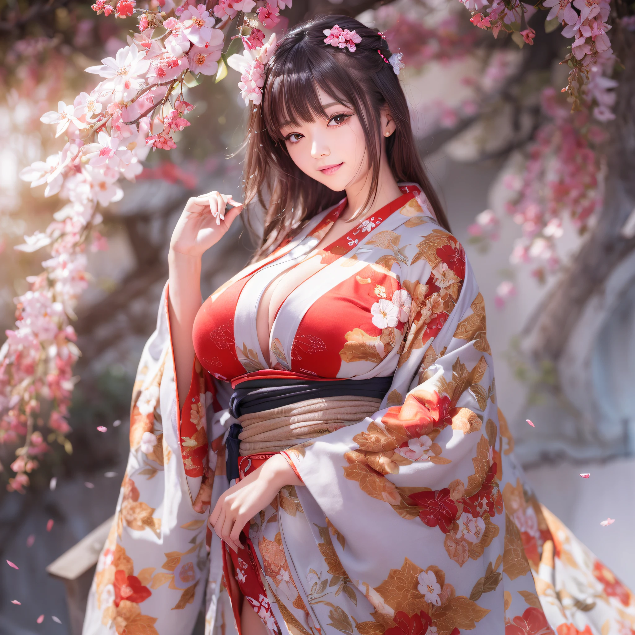 (masutepiece:1.2, Best Quality), (finely detailed beautiful eye: 1.2), ((1girl in)), ((Solo)), (Red Eyes:1.4), (finely detailed  eyes and detailed face:1.3), (beautiful and clear background:1.2), (extremely detailed photo, Ultra-detailed, Best Shadow:1.1), ((depth of fields)), Kimono, Large breasts, Bare shoulders, Flowers and petals, beautiful concept illustration, (White background:0.5), (extremely fine and beautiful:1.1), (perfect  detail:1.1), Yamato, Massive breasts, Looking at Viewer, Smile, Happy, blush, cleavage, Wink, hard , wide hips, thick thighs, White wet kimono, Side boobs, Pose Seductive, Red Hakama,