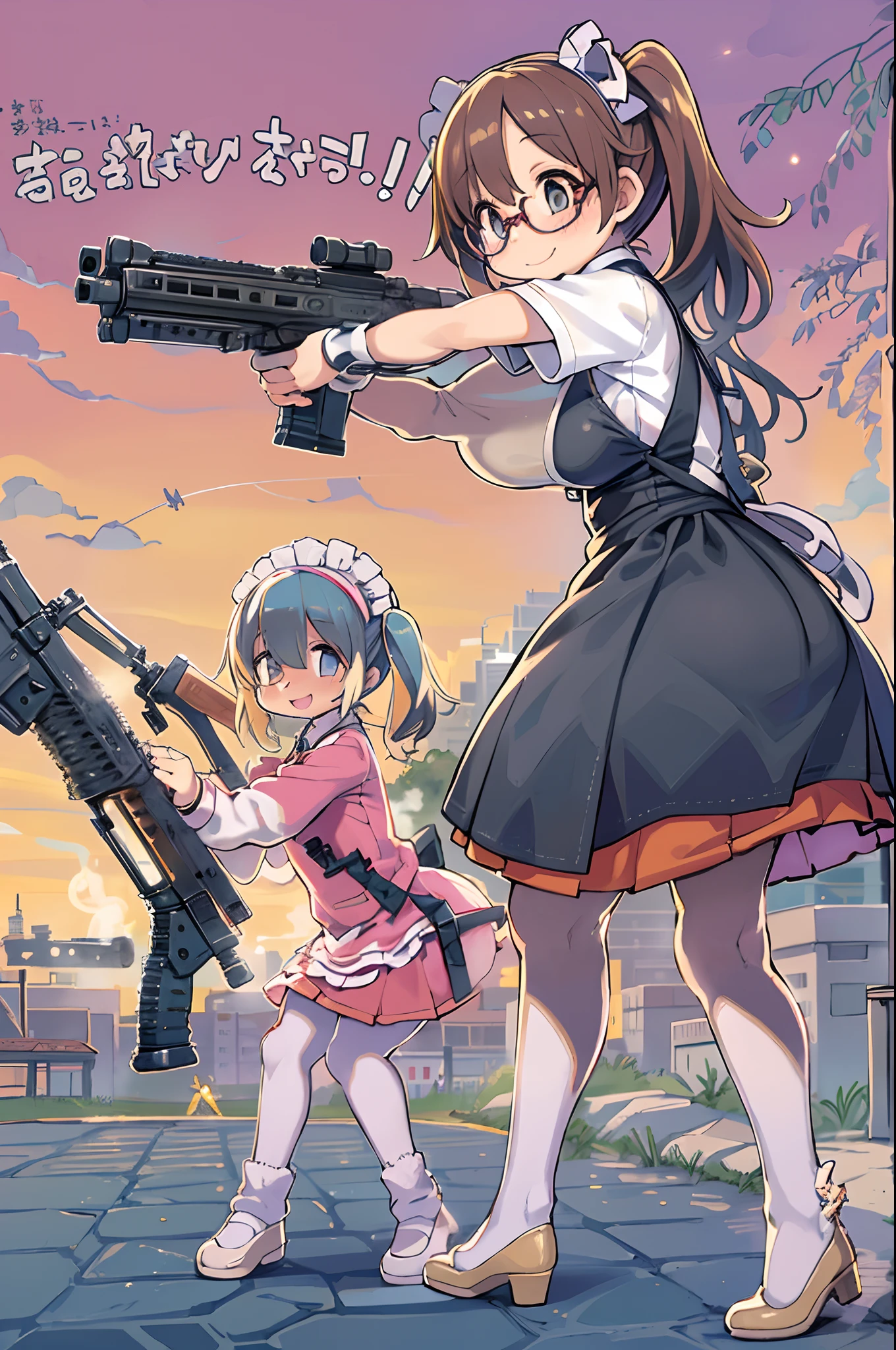 masutepiece, Best Quality, 1girl in, Empty eyes, Utsurome, maid, Smile,a child girl,Lori,(((Huge assault rifle))),rocket launcher、Multiple girls、big round glasses