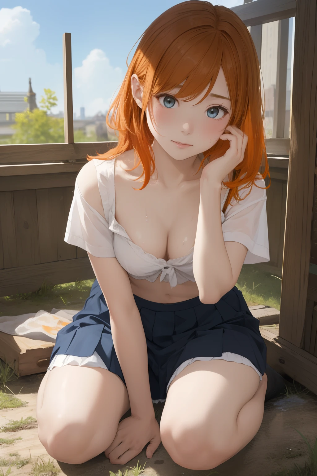 The upper part of the body、an oil painting、masterpiece、top-quality、hight resolution、Orange hair、I'm running a marathon、Tired hands on knees、Small cleavage、Black bloomers、distressed face、Sweaty skin、school ground、blue-sky、tiny chest、Pants peeking out of the skirt