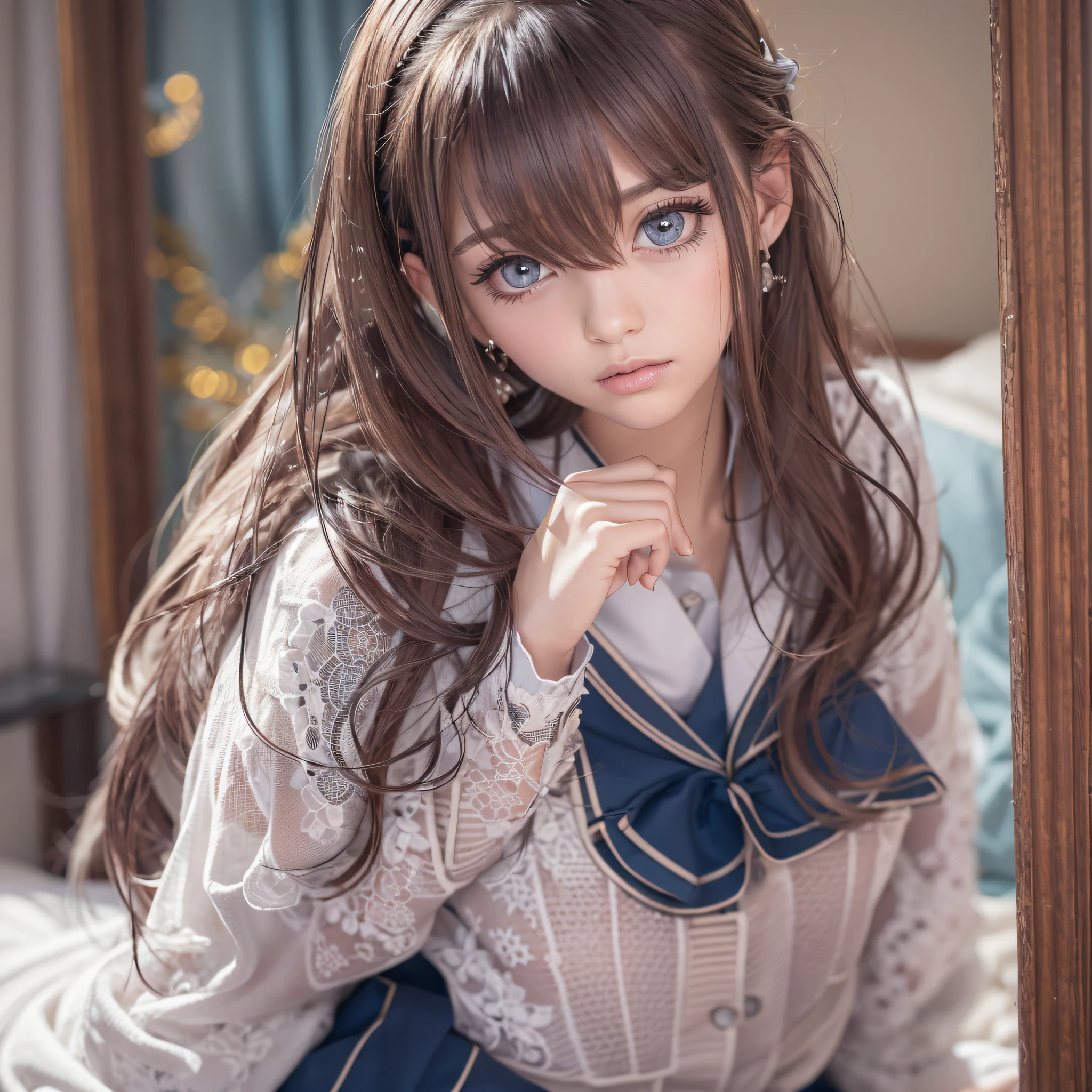 Beautiful detailed girl, extremely detailed eye and face, Beautiful detailed eyes, Huge file size, super detailed, High resolution, Very detailed, Best Quality, masutepiece, Extremely realistic, 16 K, masutepiece, extremely high details, Elegance，Beautiful face, Full body, ((Japanese girls' high school uniform)), 30 years old, Open Legs Pose, Bedrooms, Lying in the bedroom,（extra detailed face)，（（（Small_breasts , Delicate large, Exposed breasts, exhibitionists))), Clothing that exposes