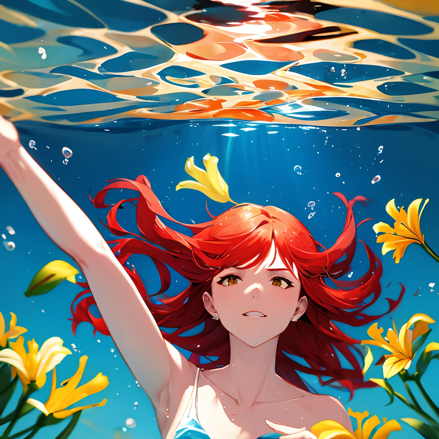 Girl underwater, long flowing red hair, Asas de Anjo, yellow and white orange lily flowers