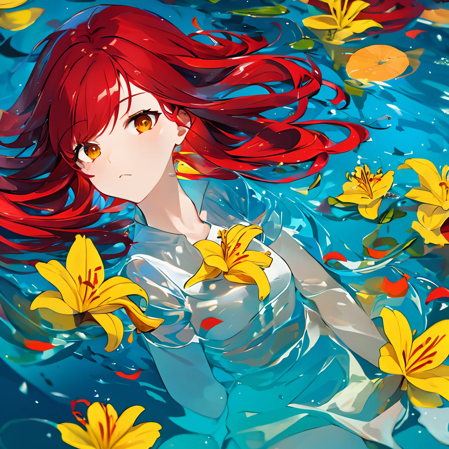 Girl underwater, long flowing red hair, Asas de Anjo, yellow and white orange lily flowers