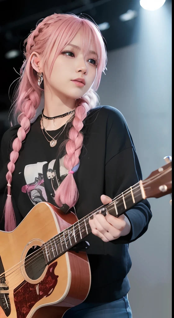 (masutepiece:1.3, Best Quality, Photorealistic, Ultra-detailed, Finely detailed, High resolution, 8K Wallpaper), 1 beautiful girl, Band Group Vocals, in a black hoodie, Singing a song on an electric guitar, Stand Microphone, Mouth open, Beautiful face, Detailed face, Beautiful eyes, Detailed eyes, Looks fun、Smiling, earrings, Necklace, Detailed guitar, (Straight guitar neck and 6 strings), Only 1 person,Pink Hair Medium Hair, (Pink hair), Ear Hair, small tits, Single braid, (Single braid), (Side braid),on a stage, Spotlight, Look at the viewer、small tits