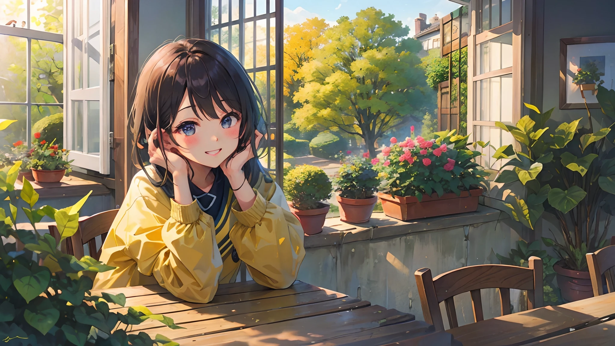 tmasterpiece、Superior garden，frontage，Hands on cheeks，Seat on windowsill，bit girl，Sunny day，Cute smile