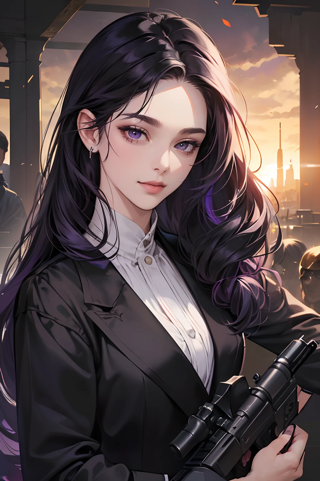 masterpiece, best quality, realistic, 1woman, mature female, beautiful, 25 years old, close his eyes, smile, closed mouth, extremely detailed face, ((dark purple eyes)), ((Black front bang long hair with French twist)), [thin eyebrows], mafia, ((holding a machine gun)), accurate, detailed.