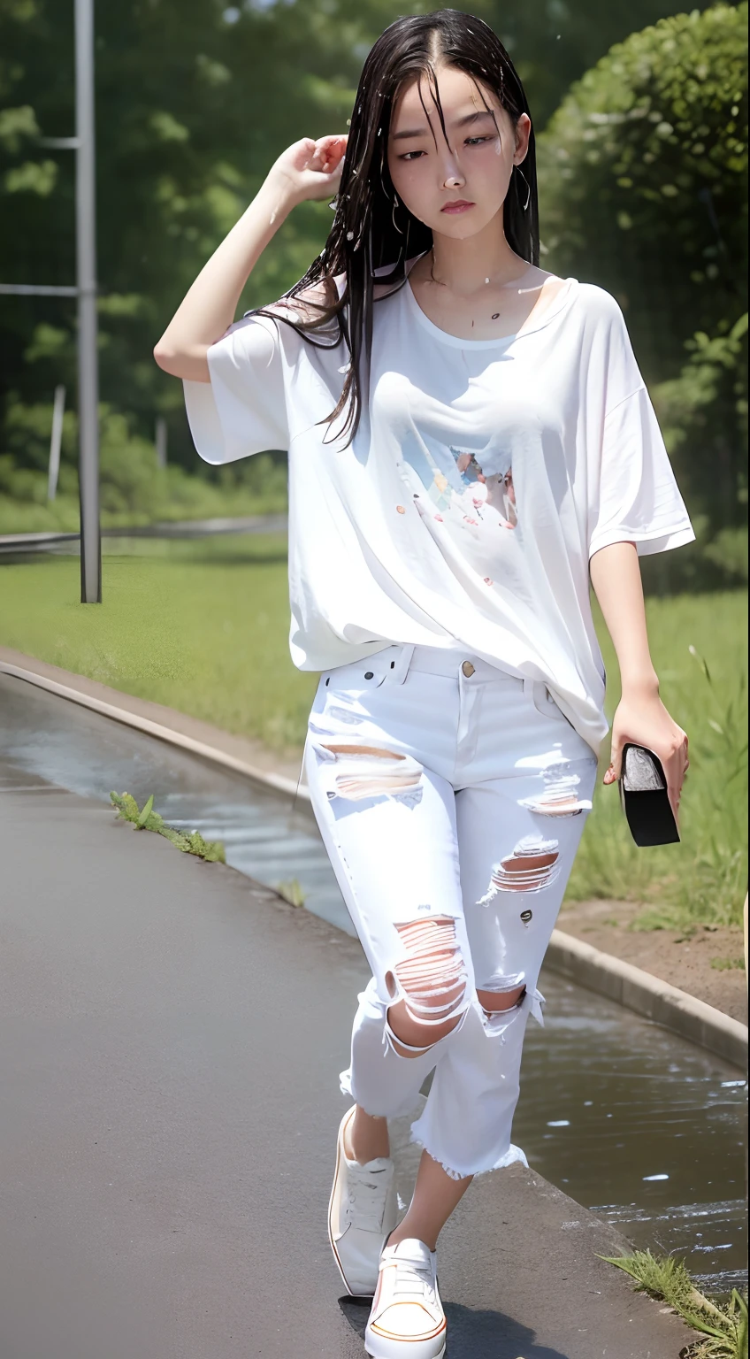 best image quality, masterpiece, super high resolution, (fidelity:1.4), photo, 1 girl, white shirt, torn jeans, white sneakers, dim, darkness, despair, pity, poor, movie, tears, teardrops, (torn clothes:1.5), (wet clothes:1.4), bare shoulders, real rain, wet hair,..微笑