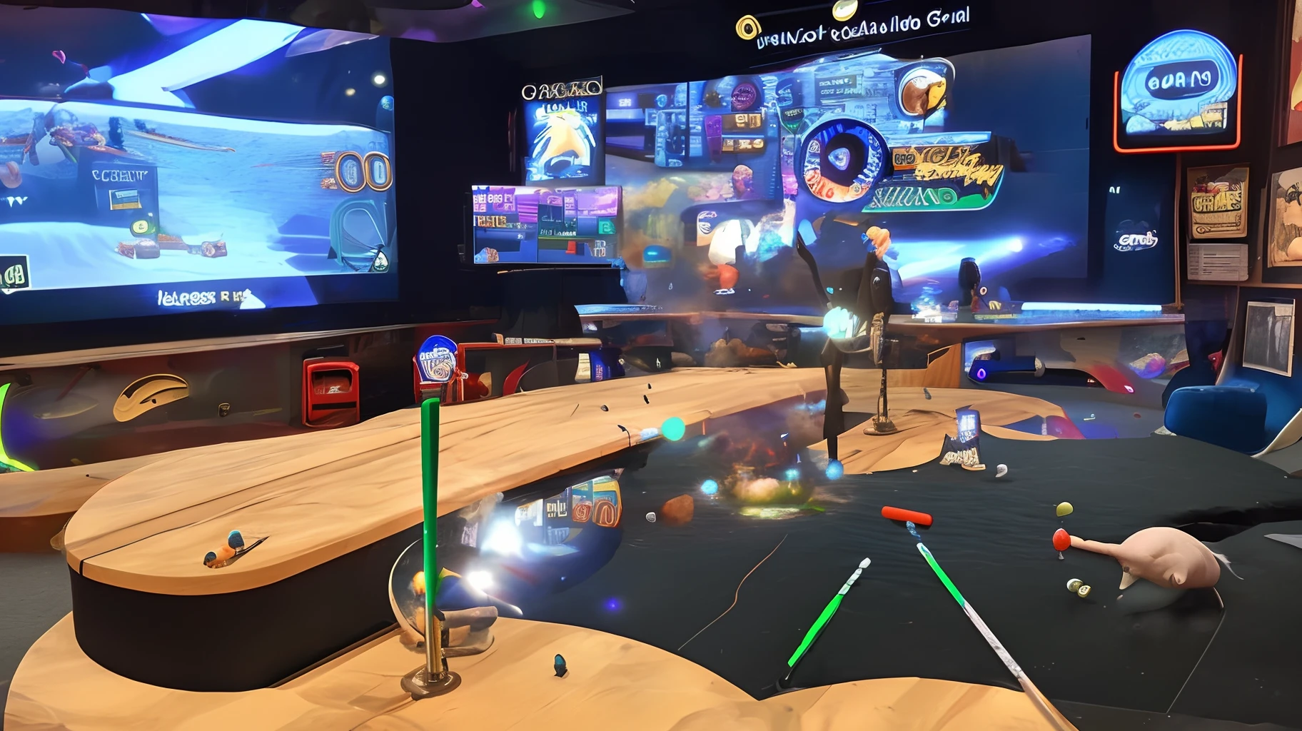 Penguin playing dart while the video game turns on with a dart in the background