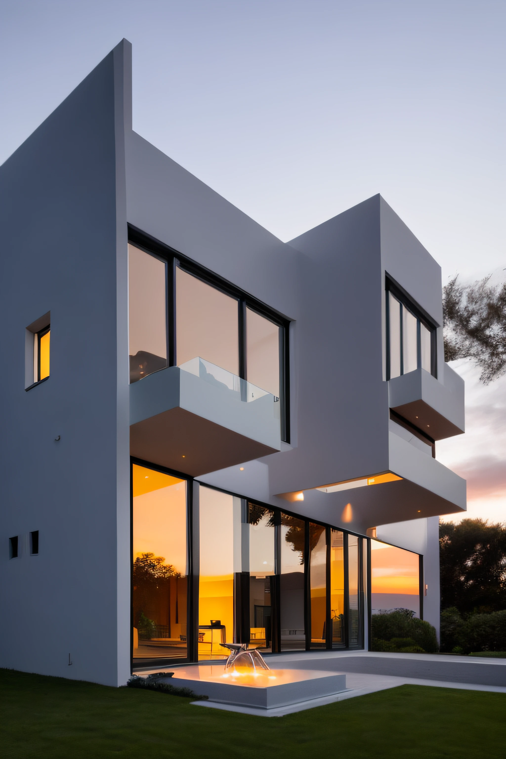 arafed view of a modern house with a beautiful sunset, contemporary masterpiece, arhitectural shot, architectural shot, minimalistic architecture, contemporary architecture, bold architecture, alternate angle, large modern residence, sundown, by Nadir Afonso, sunset view, award winning contemporary, exterior photography, architectural photography, minimalist architecture, photo taken with sony a7r
