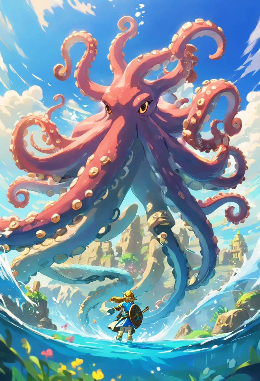 The Legend of Zelda (The Legend of Zelda: Breath of the Wild).thick and long intertwined tentacles,.swimming at the bottom of the sea.underwater,1Huge octopus.The body is wrapped in many tentacles