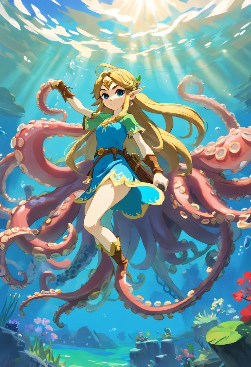 The Legend of Zelda (The Legend of Zelda: Breath of the Wild).thick and long intertwined tentacles,.swimming at the bottom of the sea.underwater,1Huge octopus.The body is wrapped in many tentacles
