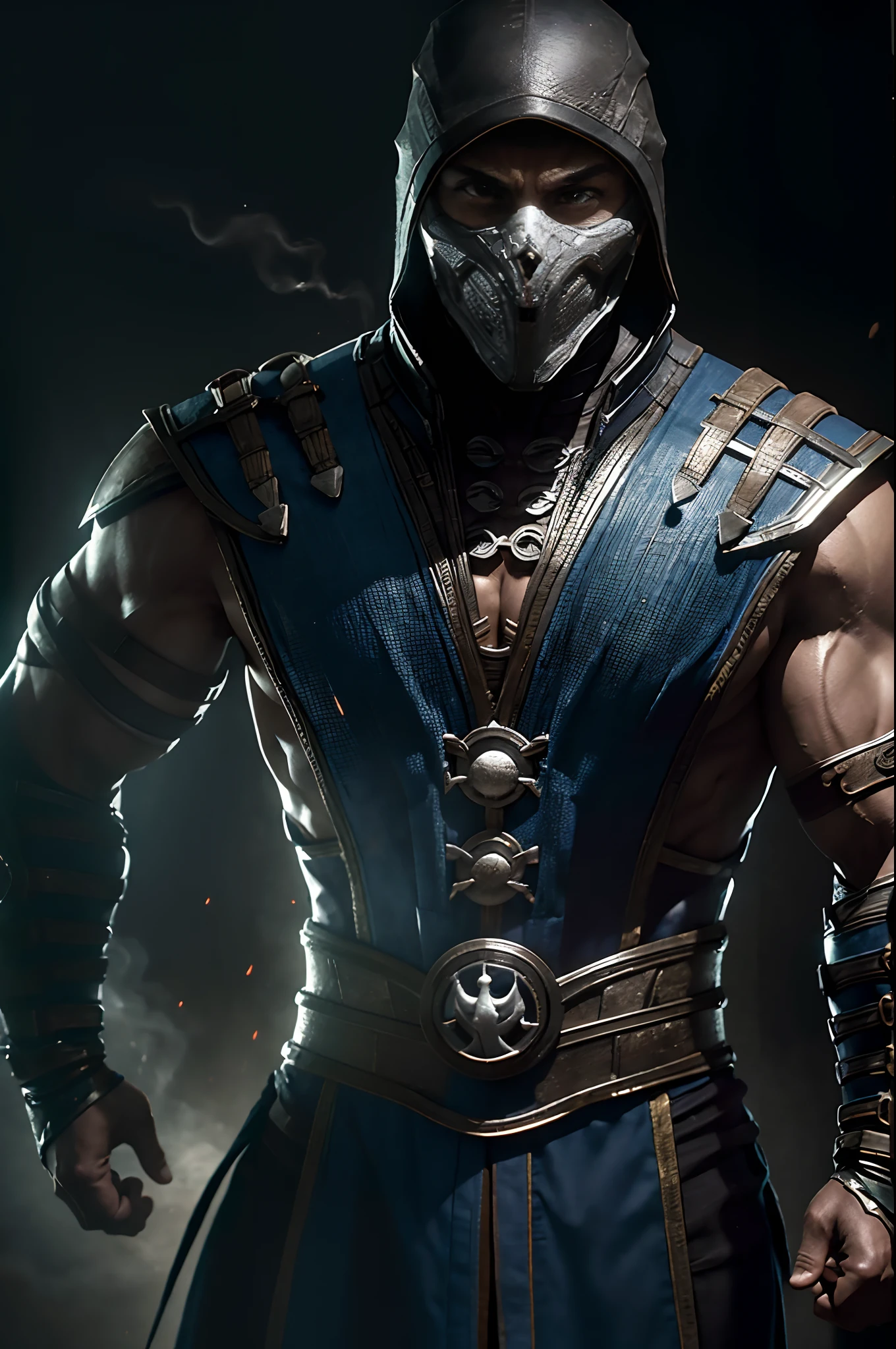 ((Subzero do mortal Kombat, ultra realistic)), (((corpo inteiro))), ((perfect hands)), atordoante, hyper realistic, octan render, surrounded by the effect of smoke and lightning, Estilo Mortal Kombat, fundo antigo, elegante, atordoante, (papel de parede), arte conceitual, detalhes intrincados, altamente detalhado, ((cinemactic)), Dramatic, (extremely high quality, Concedido, master part:1.5), (fotorrealista:1.5), fotografia, Realistic photo, Nikon, Luz Natural, 4k, highes definition, XF IQ4, 150MP, 50 millimeters, ISO 1000 Certification, 1/250 Anos, Luz Natural, Adobe Lightroom, photolab, Photographic Affinity, PhotoDirector 365,