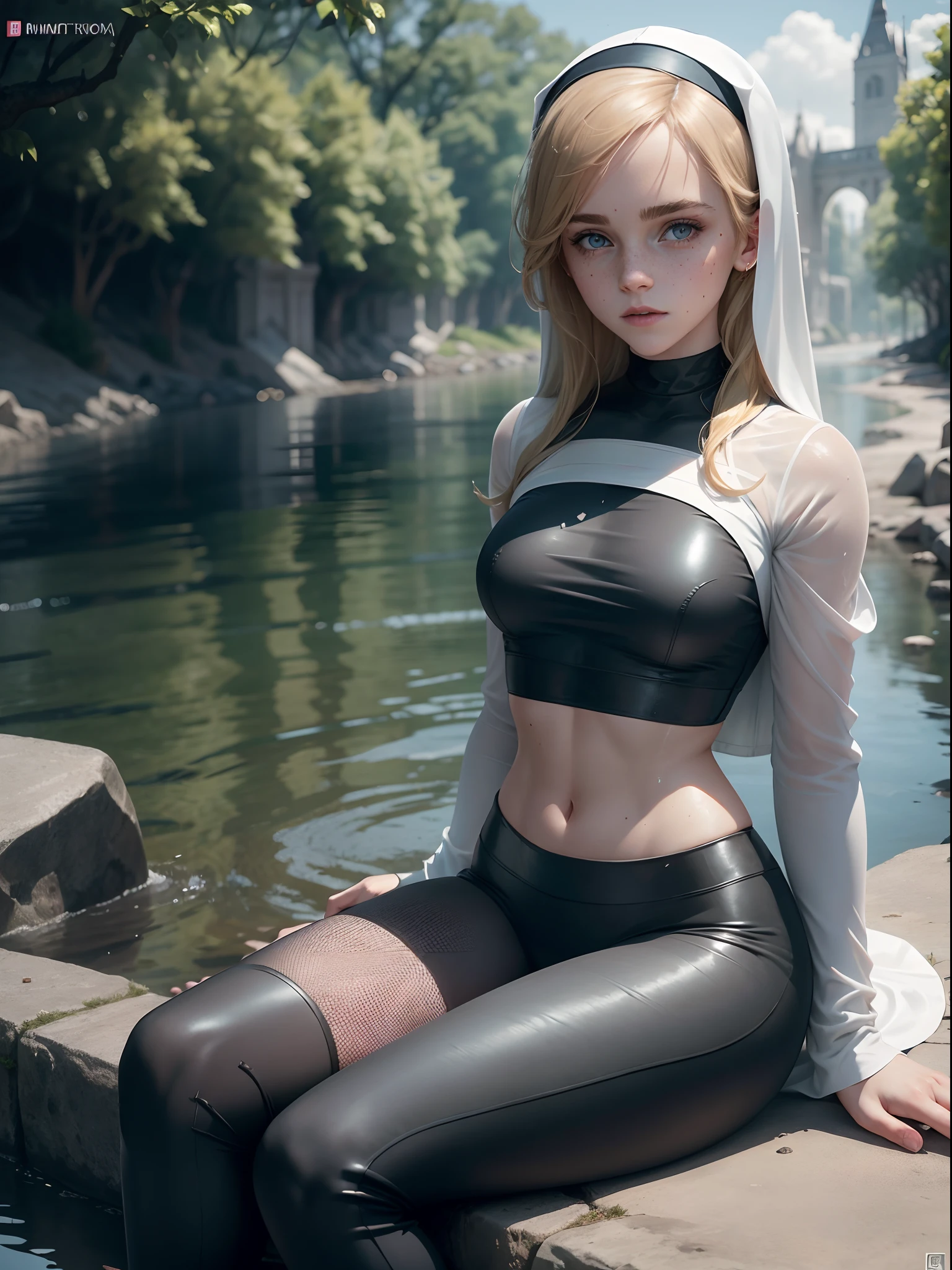 teen emma watson as a nun blonde. freckles. sparkly blue eyes that speak of innocence and acceptance. Slender frame and beautiful figure. tight fishnet skirt. crop top. see-through outfit. background river. ripped clothes exposing muscle. sci-fi. sitting. wet.