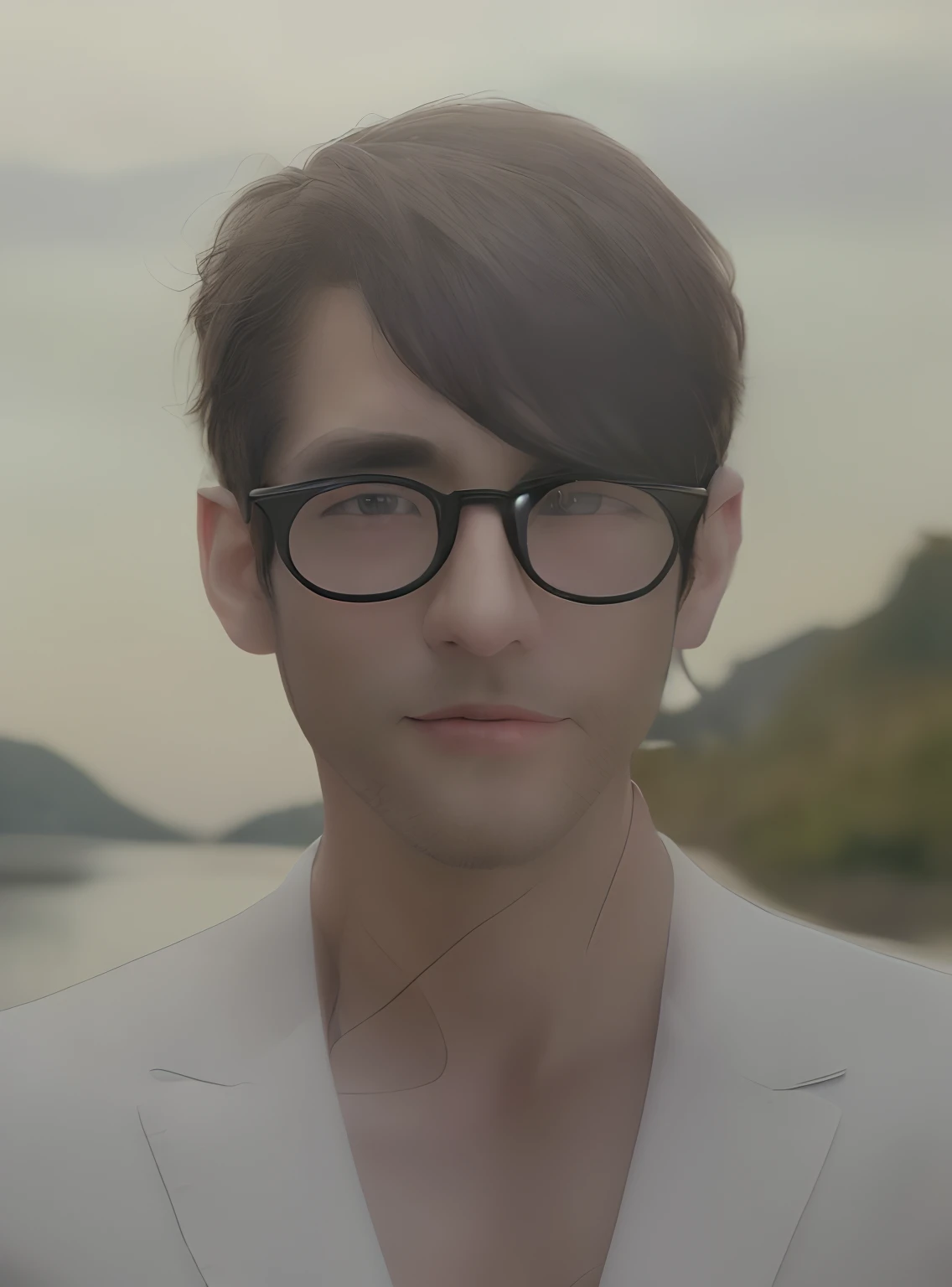 ((top-quality、8K))、masterpiece photo、landscape shot、Photorealsitic、lifelike rendering、male people、A dark-haired、Casual Wear、summer clothing、Frameless glasses、smil
