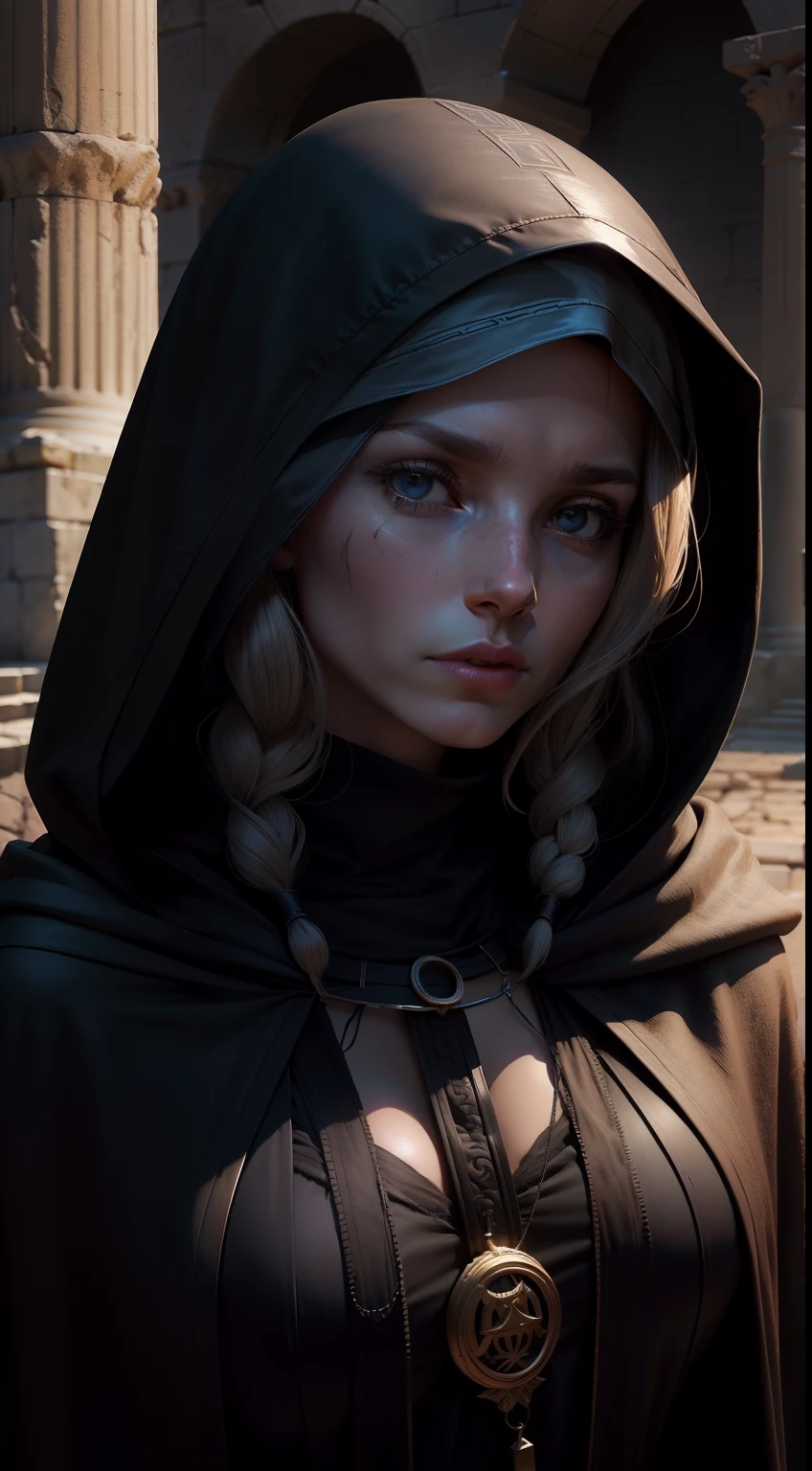 Personajes: Mysterious Oracle.Description: Hooded figure with enigmatic eyes.epoch: Ancient Greece.Lugar: Thebes' sacred temple.action: Pronouncing a cryptic prophecy.Background: An eerie, dimly lit temple interior.Tipo de plano: Close-up of the Oracle's face.Estilo: Hyper-realistic, cinematic.