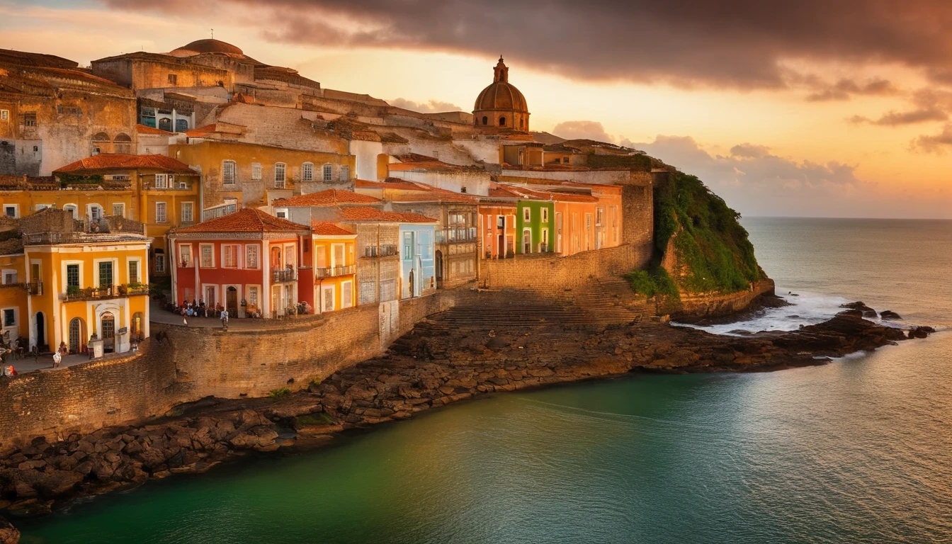 Salvador, cidade encantadora, mistura de culturas e cores vibrantes. a stunning setting, onde o passado e o presente se encontram em perfeita harmonia. Cobblestone streets tell ancient stories, with colonial mansions and imposing churches. O Pelourinho, UNESCO World Heritage Site, it's a real architectural treasure, com suas fachadas coloridas e varandas adornadas. The atmosphere of Salvador is contagious, com o som dos tambores ecoando nas ruas, o aroma da comida baiana perfumando o ar. The welcoming smile of the soteropolitanos brings a sense of human warmth and hospitality. Capturing the essence of this magical city, A professional camera records every detail. O jogo de luz e sombras, as nuances das cores, everything is carefully captured to convey the beauty of Salvador. Diretores renomados como Walter Salles, known for his sensitive cinematographic works, capturando a alma dos lugares, and photographers like Sebastião Salgado, com sua habilidade em retratar a vida e a cultura, would bring a unique perspective to that image.