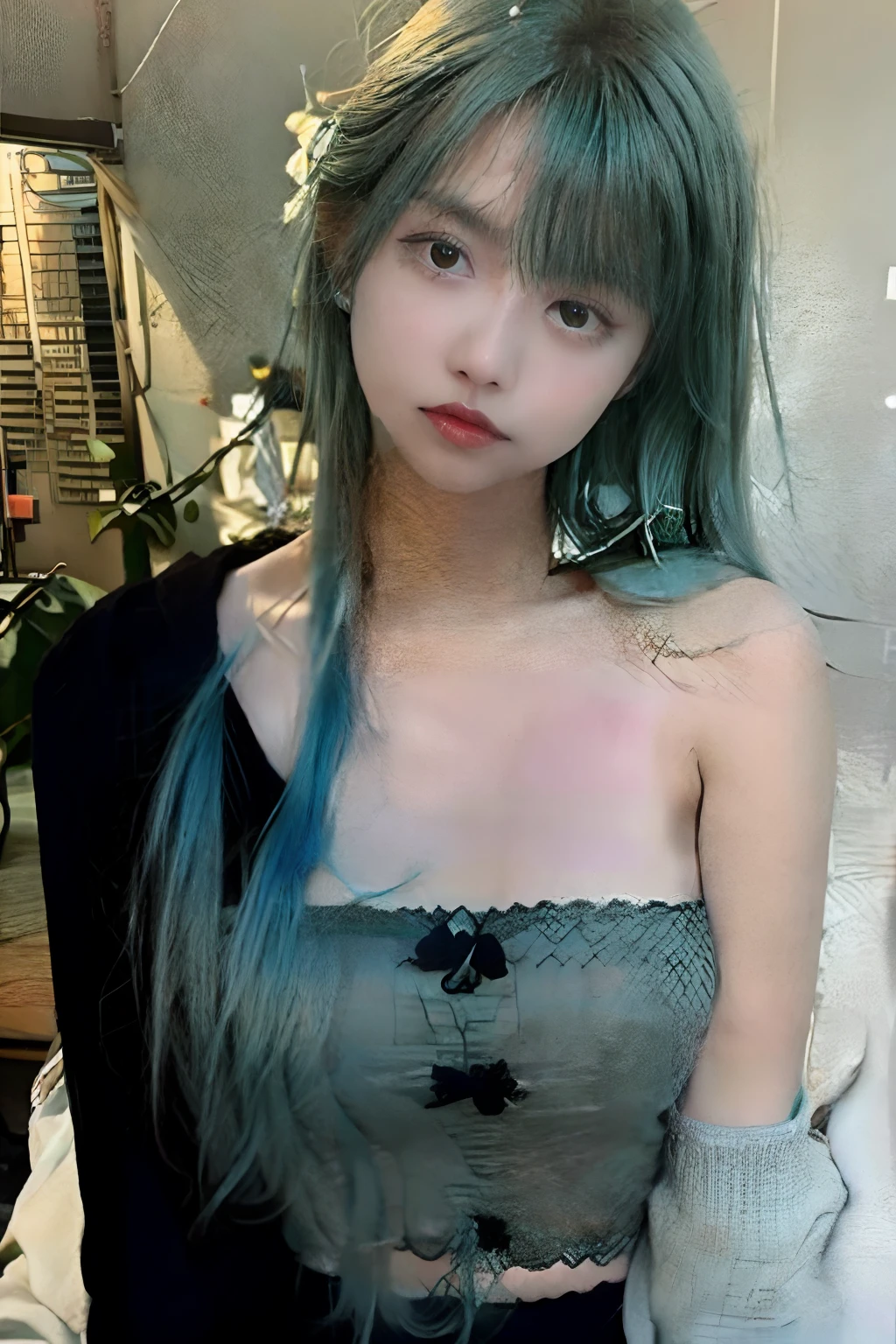 light green hair long femele photos realistic natta Street the background is blurred Black clothe fully body photo length hair city scenery