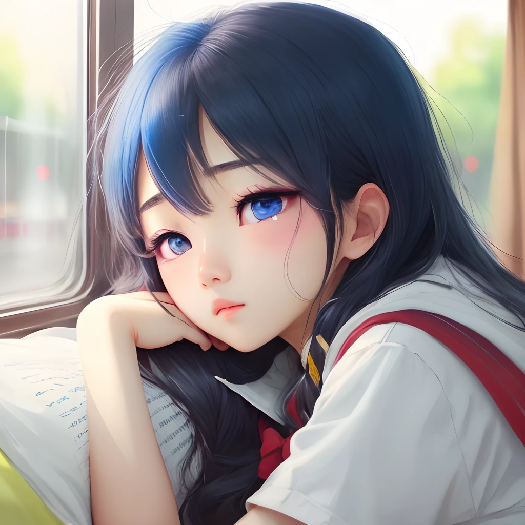 1 girl,eye right blue,eye left yellow,student,sleepo