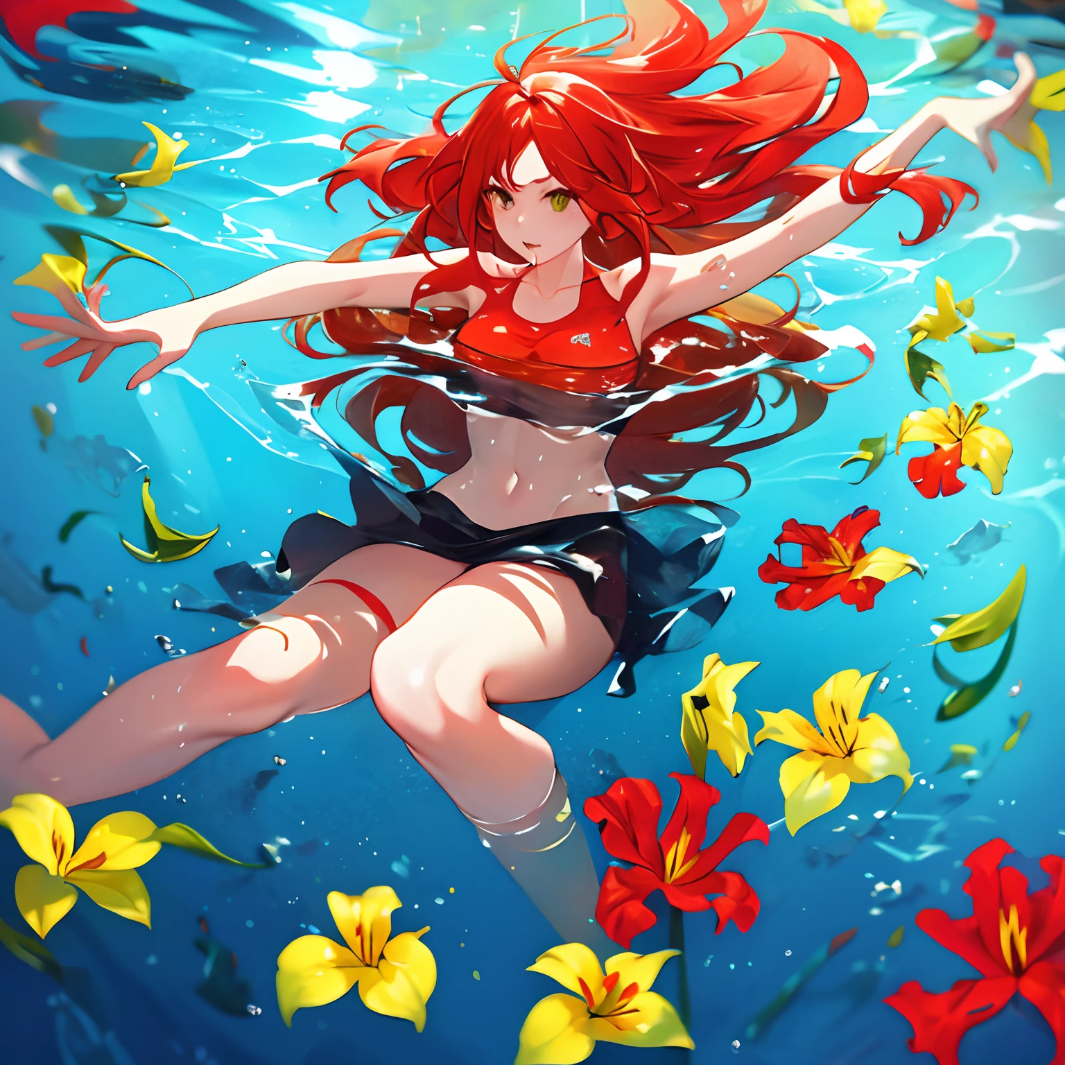 Girl underwater, long flowing red hair, Asas de Anjo, yellow and white orange lily flowers