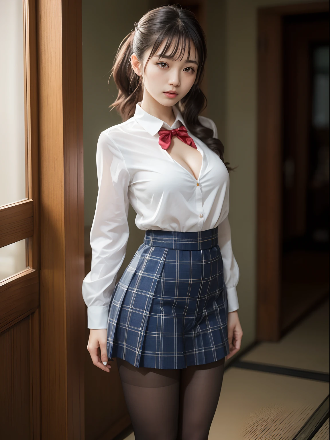 (8K、Raw photography、top-quality、masterpiece:1.2),Black pantyhose,absurderes,a small face,small tits,flat breast,Parting the bangs from the middle、Forehead visible,(Tight eyes,Bullish,skinny,Rasping,irate)、masterpiece,top-quality、超A high resolution,Raw photo,ren,Beautiful fece,One Person, 独奏,eye glass,,Dark look,Small breasts,fullllbody,Round glasses、cute little、A Japanese Lady,is standing,(Tight eyes,Bullish,skinny,Rasping,irate,large full breasts、cleavage of the breast、No bra、No Underwear、Get your out、Pull up your skirt)、(Photorealsitic:1.37)、Photon mapping,Light blue ribbon,Realistic、Cute little face,Brown-eyed、Black socks、(Red bow tie)、Radio City、Physically Based Rendering、Foreground、depth of fields、Blurry background、a picture,The girls、Body, Long legs, Thin leg,poneyTail,(Bangs are visible), hair, s lips, Blue_The eye, nosesoft,White shirt, Navy blue and white plaid pleated skirt, Knees are visible,Sheer clothing,, Thigh, Black cotton socks,Nogizaka Idol, 女優, Japanese ido、pantyshot