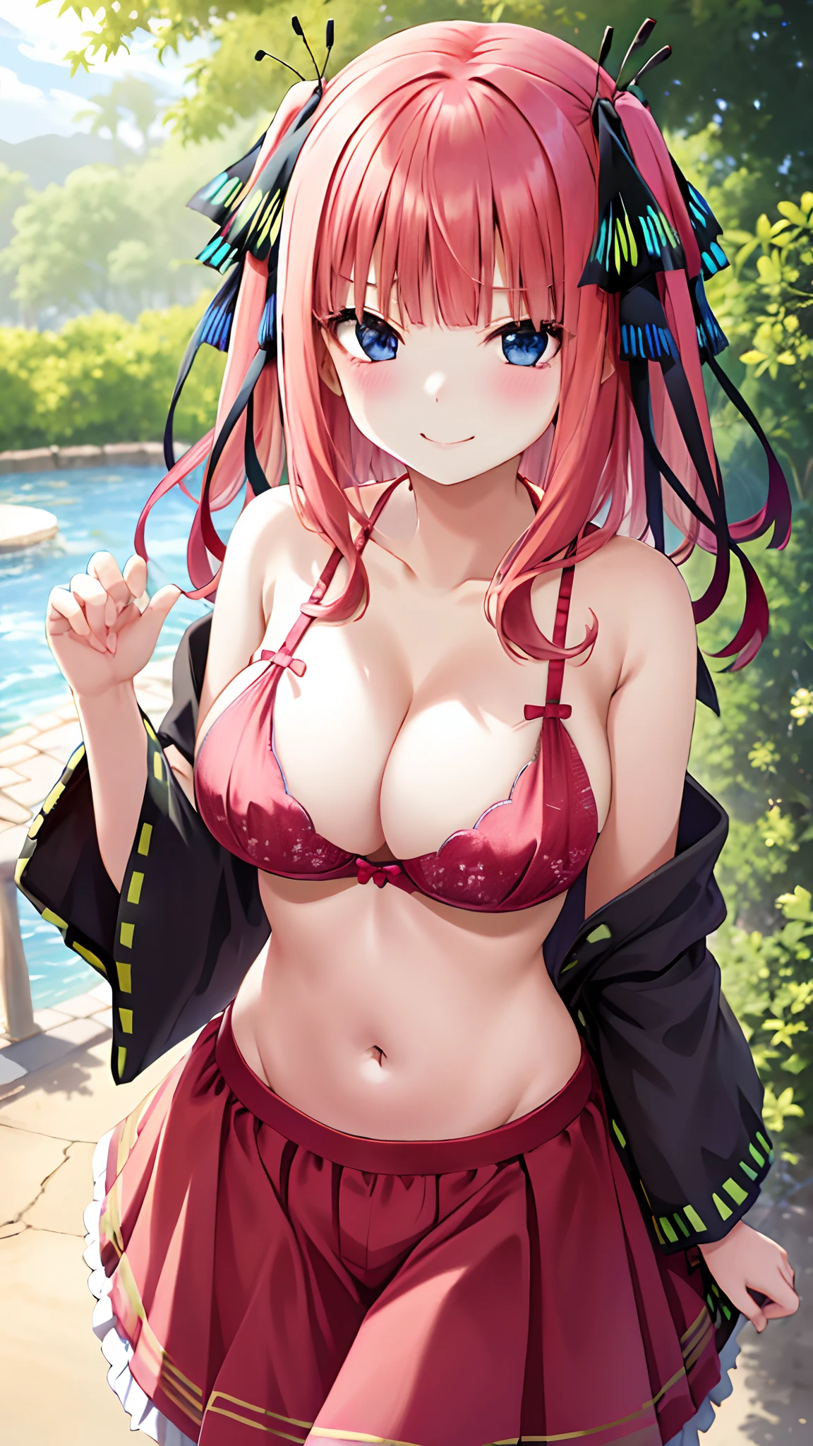 Nakano Nino、Shoulder-length pink hair、butterfly hair ornament、huge tit、(bra very、pantiy)、(red blush:1)、is standing、耳Nipple Ring、a smile、(A sexy)