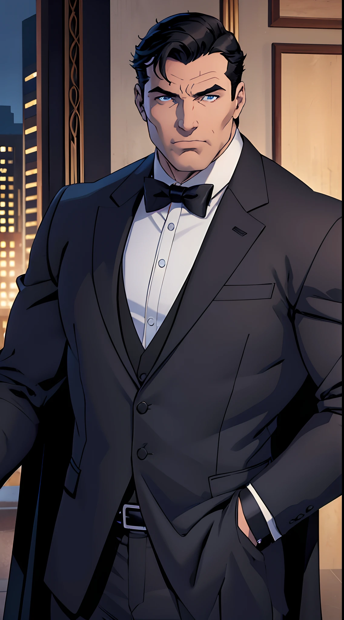 1 man, Bruce Wayne (Batman), muscular male, daddy, large pectorals, male focus, middle-aged man, black hair, short hair, blue eyes, smirks, face focus, black tuxedo suit, black necktie, upper body shot, skycrapers, ((masterpiece)), nightime