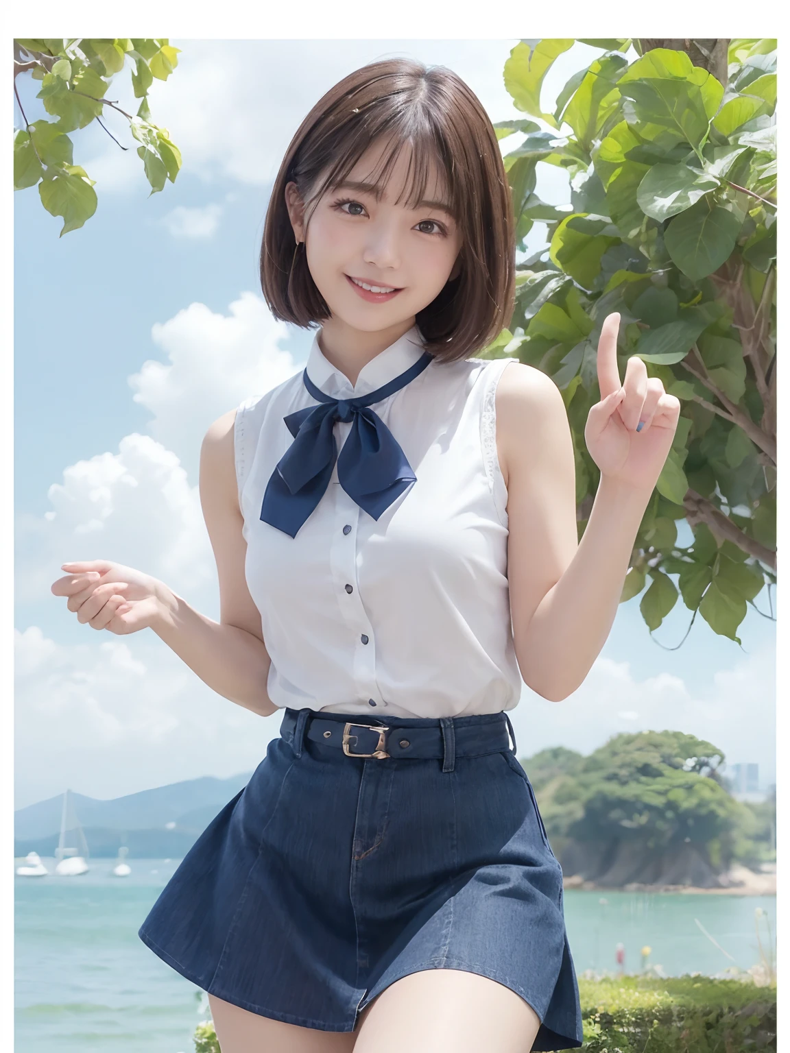 (dynamicposes:1.4), (dynamic ungle:1.4), Romper (细致背景:1.4)、hyper detailed background、(Floating light blue clouds:1.4)、(Floating blue flowers:1.4)、 Romper (perfect anatomia、perfect hand:1.4)、(Perfect five fingers:1.4)、(Perfect 4 long fingers and perfect short thumb:1.4)、(Thumb shorter than the other 4 fingers:1.4)、(Perfect two arms:1.4)、(Perfect two legs:1.4)、((top-quality、8K、masterpiece:1.3))、1girl in、A smile、full body Esbian、Slim Faces、Pretty women、(dark brown hair)、hyperdetailed face、A detailed eye、二重まぶた、blured background、Slim Faces、Cute、extremely delicate and beautiful girl、Happy smiling face、Overall、ultra-detailliert、4K、masutepiece、small mouth、Colossal tits、bura、Underpants、a short skirt,high waist skirt,high-necked,Sleeveless,bob cuts,long boots,ultra-detailliert, 4K, masutepiece,Smile,small mouth,white shirt、Skirts that show the body line、low angles、White sweater、Takushiage、