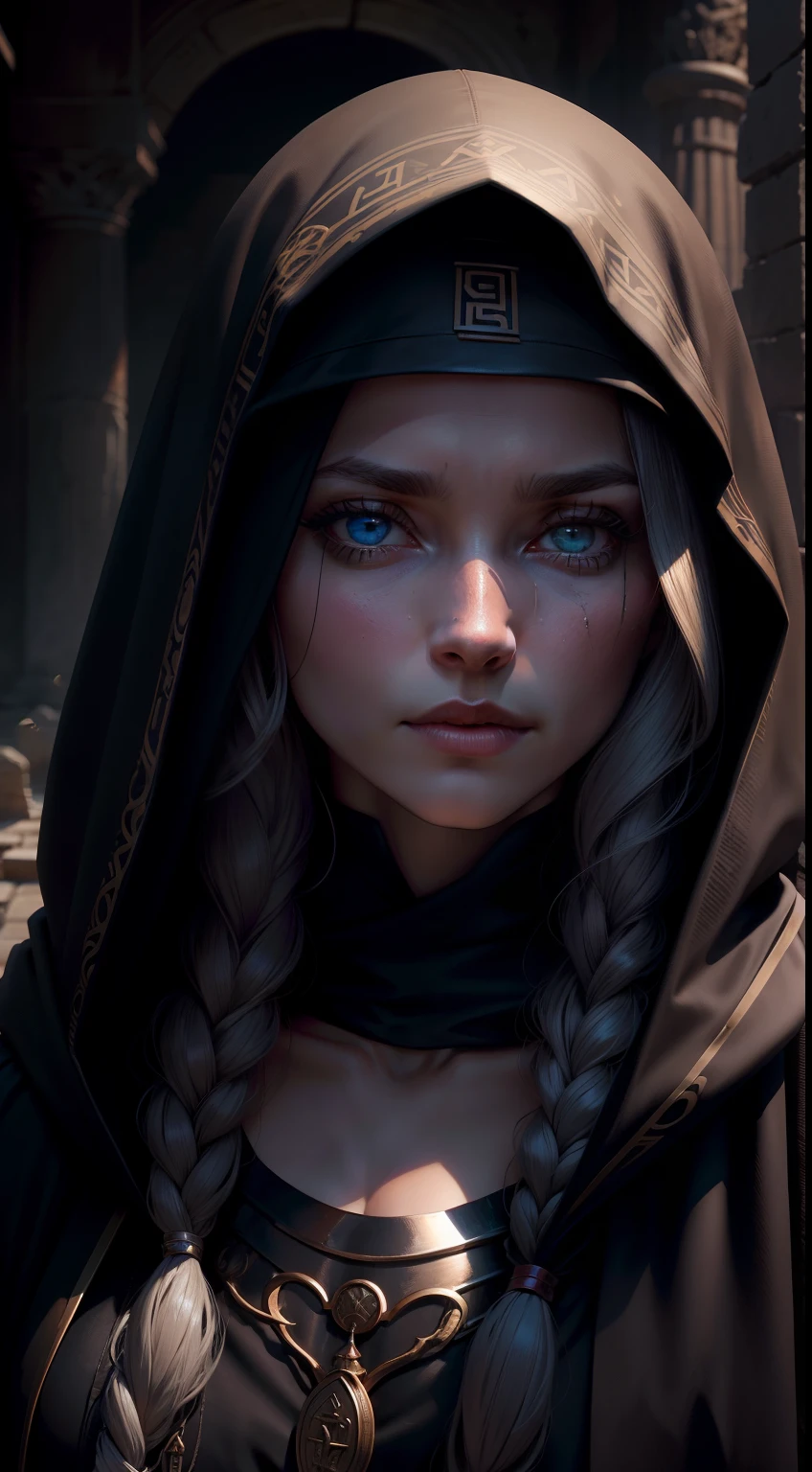 Personajes: Mysterious Oracle.Description: Hooded figure with enigmatic eyes.epoch: Ancient Greece.Lugar: Thebes' sacred temple.action: Pronouncing a cryptic prophecy.Background: An eerie, dimly lit temple interior.Tipo de plano: Close-up of the Oracle's face.Estilo: Hyper-realistic, cinematic.