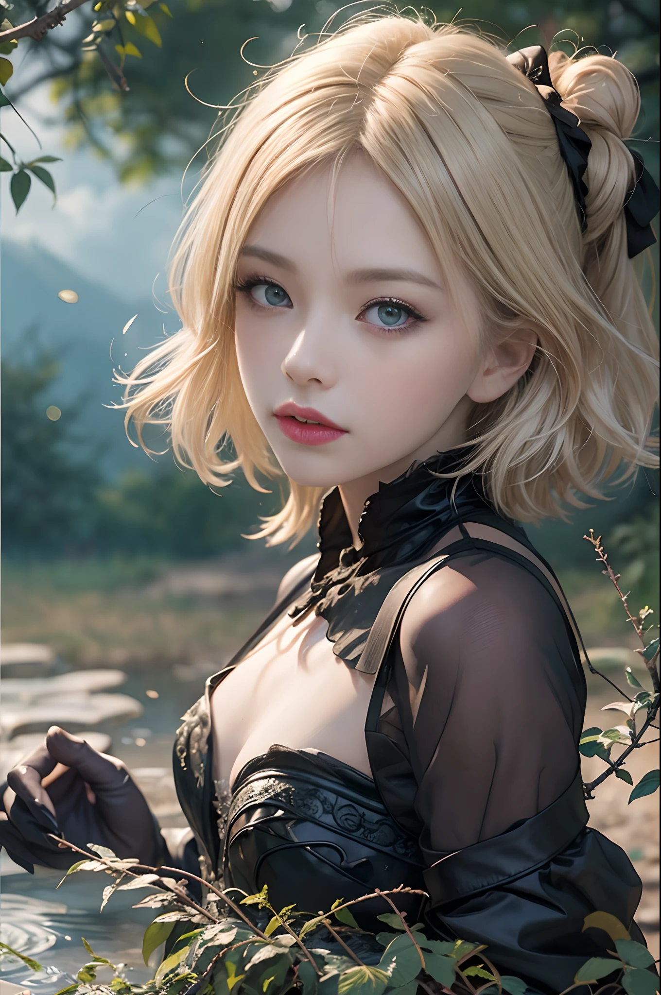 Top image quality、​masterpiece、drawing、watercolor paiting、Vivid coloring、Arthur Rackham's style、Aerial perspective、thirds rule、Norse man１People Beautiful Girl、slightly smaller eyes、Pretty small face、Light makeup、Platinum blonde short hair、middlebreasts、Black Gloves、long-sleeve、gothic dress、ln the forest、On the banks of the springs、borgar、cumulonimbus clouds、moonlights