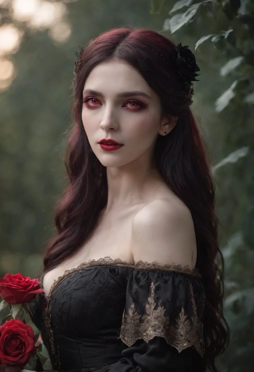((masterpiece)), Vampire princess, (absurdres, highres, ultra detailed),1girl, backlighting, bare shoulders, black background, black gothic dress, black and pink hair, blood, cowboy shot, dress, ornate ancient earrings, expressionless, roses, light particles, long hair, looking at viewer, off-shoulder gothic ancient boned design dress, rose petals, red eyes,upper body