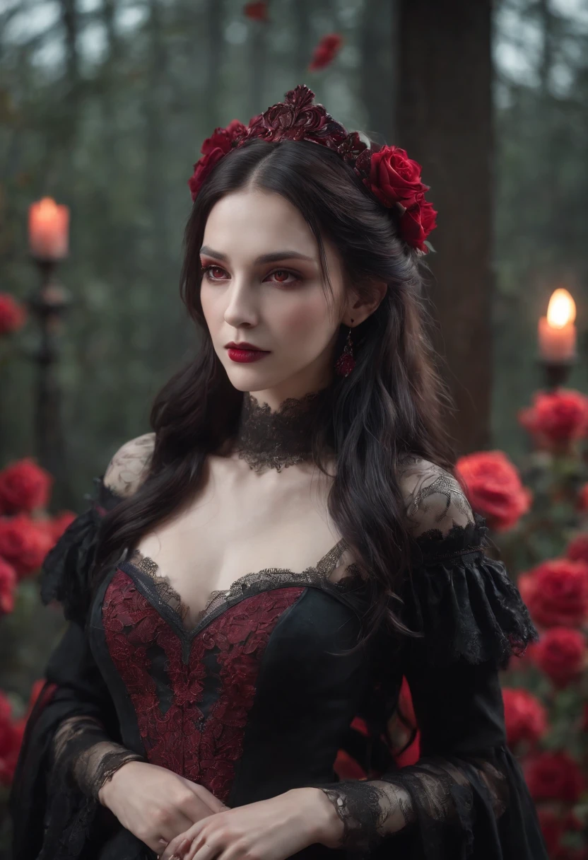 ((masterpiece)), Vampire princess, (absurdres, highres, ultra detailed),1girl, backlighting, bare shoulders, black background, black gothic dress, black and pink hair, blood, cowboy shot, dress, ornate ancient earrings, expressionless, roses, light particles, long hair, looking at viewer, off-shoulder gothic ancient boned design dress, rose petals, red eyes,upper body