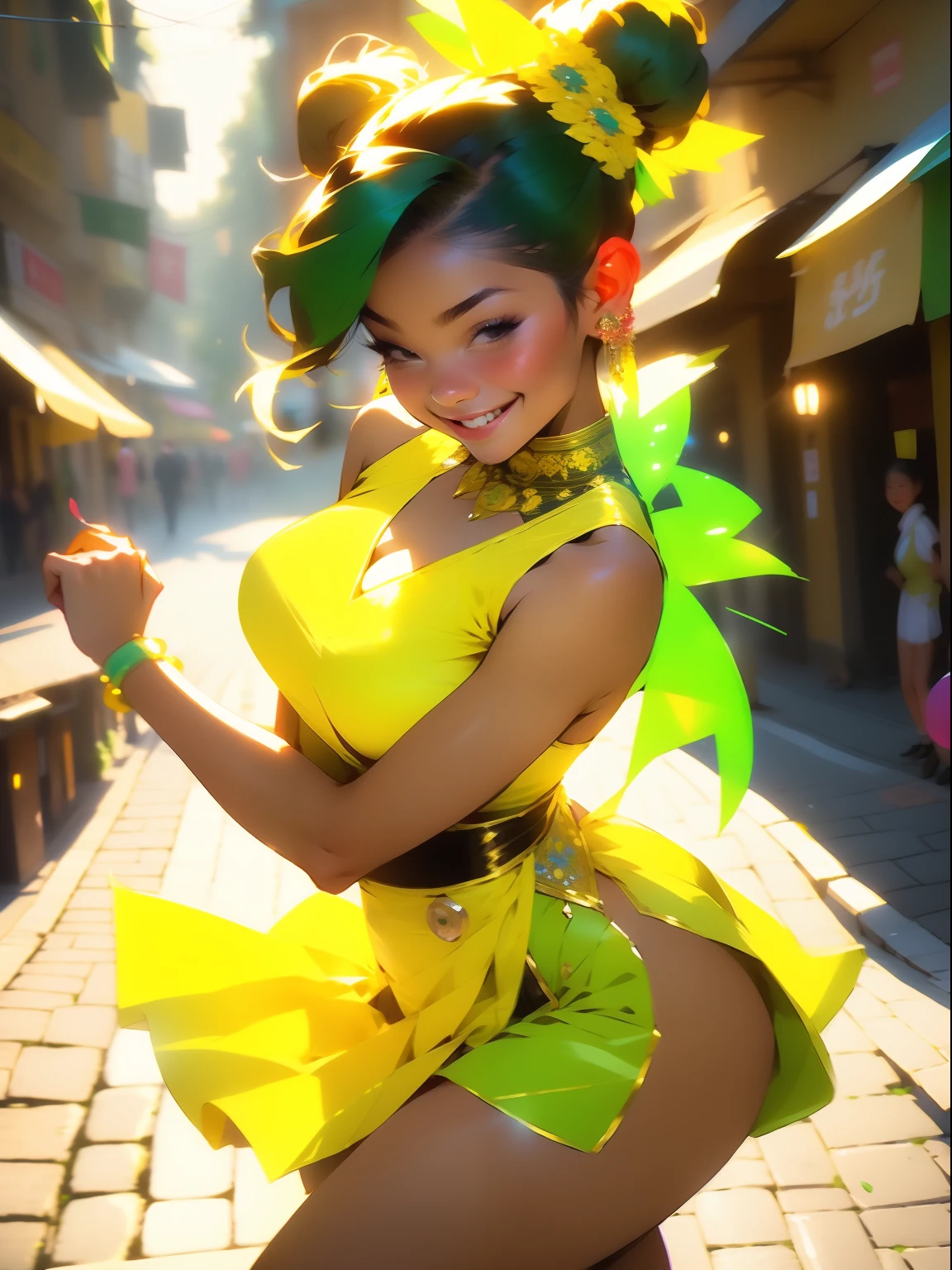 (((best quality))) (( smiling young woman )) ((bun hairstyle)) performing traditional, dance (( open street)) yellow ornate bodysuit, and green satin short skirt, sexy upbeat pose, festive atmosphere, beautiful faces, niji --V5 (cartoon:0.8), (dynamic pose:1.2)