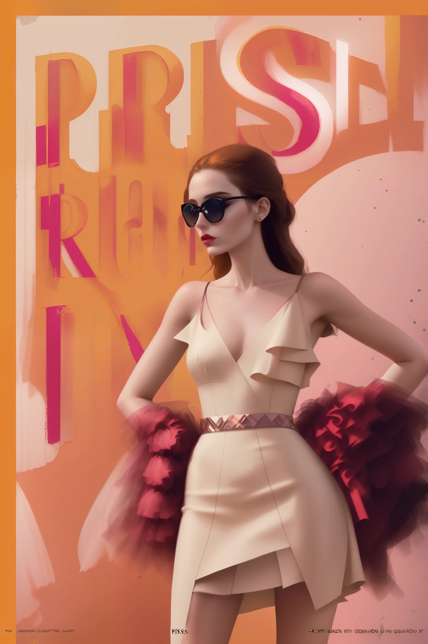 text:"PRISSI PRISSI PRISSI PRISSI" create a FASHION ART flyer for a WOMEN'S CLOTHING STORE CALLED: "PRISSI". WOMEN'S FASHION, WOMEN'S CLOTHING, FASHION, FASHION, FASHION DESIGNER, STYLIST, orange pink and yellow background, cinematic, fashion, poster, illustration, conceptual art, typography