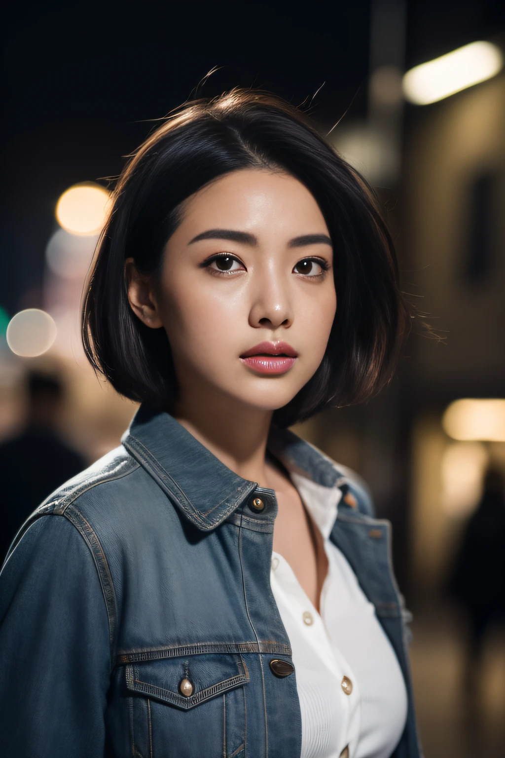 (8K、Raw photography、top-quality、​masterpiece:1.2)、(realisitic、Photorealsitic:1.37)、1girl in、（japanes、Beautiful young woman）、Career Woman、short-hair、dark grey HAIR、Black eyes、Rugged face、white  shirt、jaket、((Female version of Dirty Harry))、Have a revolver、「Stop！」and shout、Hunt down suspects、Japan Police Drama、cowboy  shot、Wetty、profetional lighting、photon maping、Radio City、physically-based renderingt、Tense situation、in a street、cinematic photography、