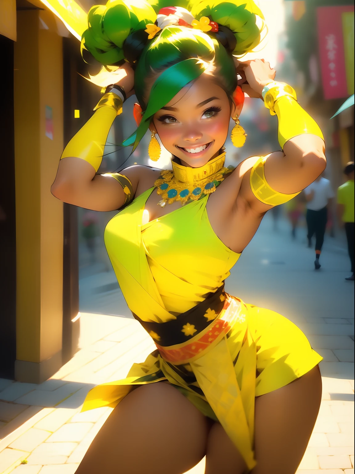 (((best quality))) (( smiling young woman )) ((bun hairstyle)) performing traditional, dance (( open street)) yellow ornate bodysuit, and green satin short skirt, sexy upbeat pose, festive atmosphere, beautiful faces, niji --V5 (cartoon:0.8), (dynamic pose:1.2)
