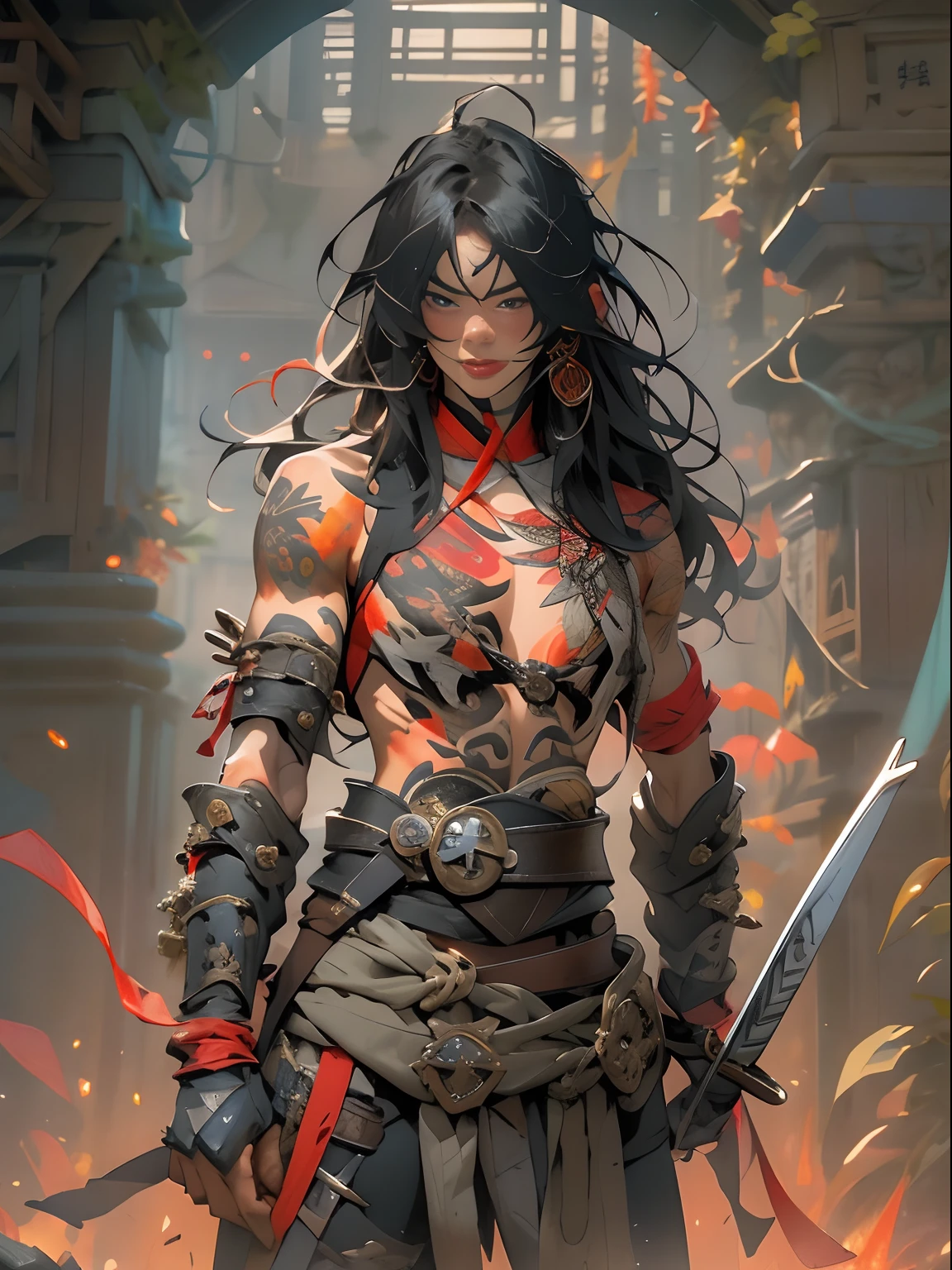 (((mtu))), (((best qualityer))), (((tmasterpiece))), (((AS-Adult))), ((( Japanese ))), Look up from your knees, Handsome Asian samurai,perfect body figure, Modern samurai, ((( Asian))), Wear gloves on your hands,The left arm is made of steel and metal tips,Made of protective devices, The eyes are pulled, (( Appears below the chest )), (( Small dental floss )), Simon Bisley, Almost naked(Simon Bisley)Castle City Wilderness,For high-resolution posters, hair straight, Minimum clothing, armure (Crazy clothes ), Full of tips and rivets, tribal tattoos, (((full bodyesbian))), Straight brunette hair,Colored hair ends
