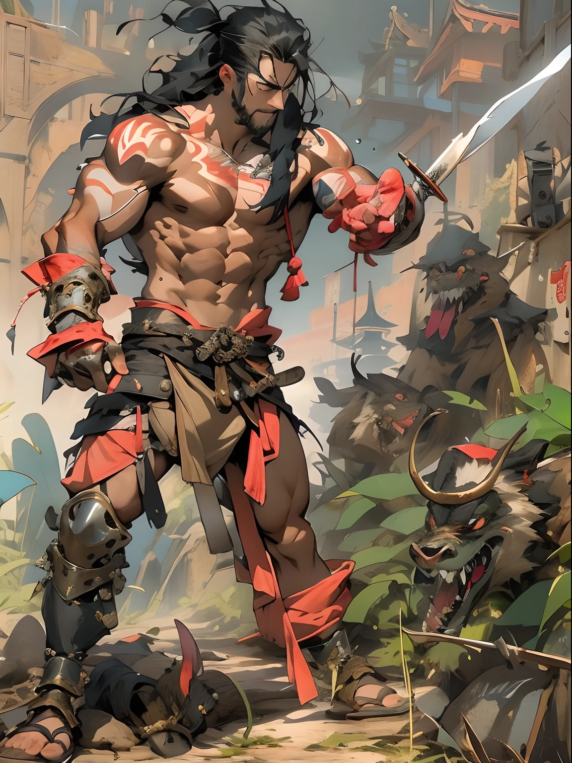 Dark Elf Male , tribal tattoos , Black hair , yellow pupils, skull ,Full body,Bandage on hands , pose