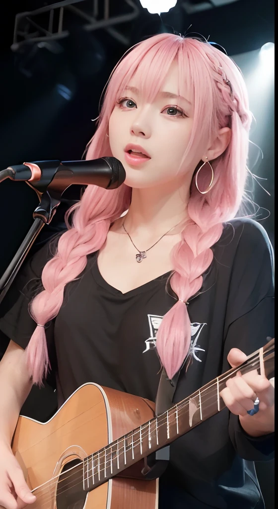 (masutepiece:1.3, Best Quality, Photorealistic, Ultra-detailed, Finely detailed, High resolution, 8K Wallpaper), 1 beautiful girl, Band Group Vocals, in a black hoodie, Singing a song on an electric guitar, Stand Microphone, Mouth open, Beautiful face, Detailed face, Beautiful eyes, Detailed eyes, Looks fun、Smiling, earrings, Necklace, Detailed guitar, (Straight guitar neck and 6 strings), Only 1 person,Pink Hair Medium Hair, (Pink hair), Ear Hair, small tits, Single braid, (Single braid), (Side braid),on a stage, Spotlight, Look at the viewer、small tits