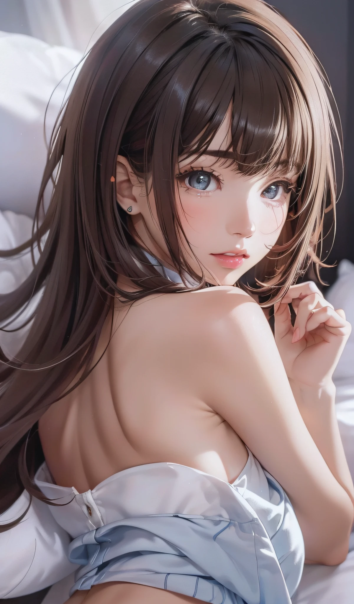 1girl,face out of frame,close up  viewer,bare_shoulders, blush,{lingerie},breast,closed_mouth, collarbone,looking_at_viewer,simple_background,small_breasts,solo,underwear_only,sun light,