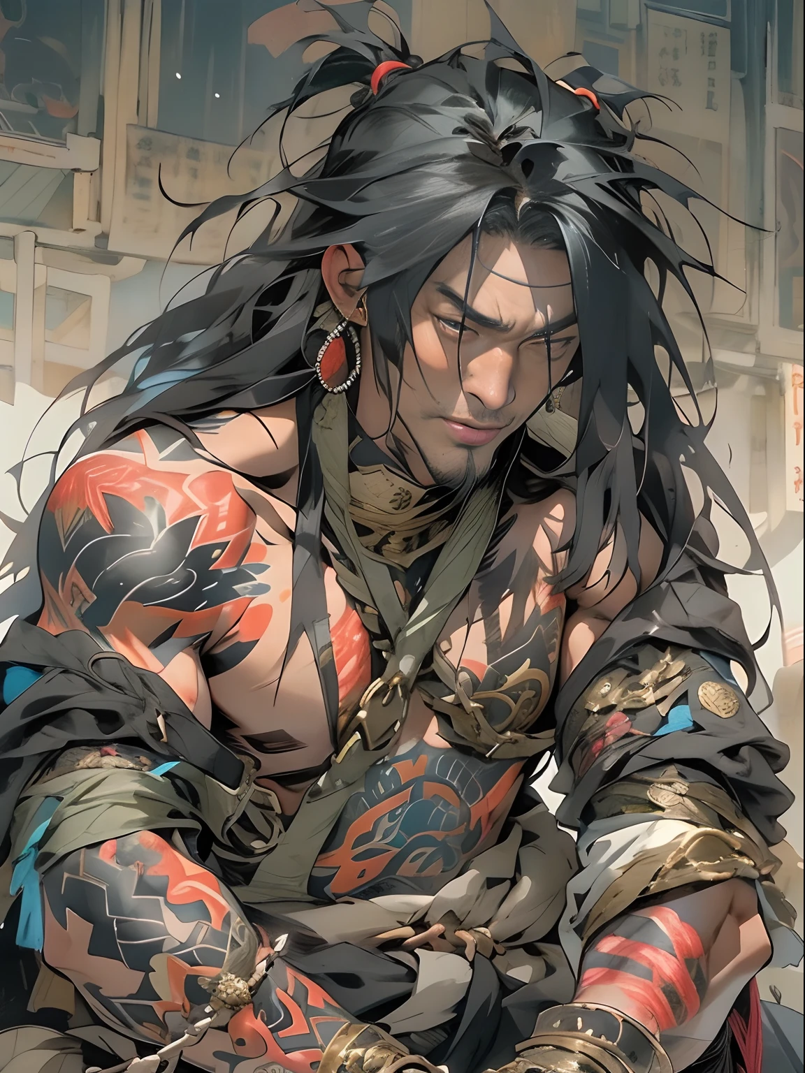 (((mtu))), (((best qualityer))), (((tmasterpiece))), (((AS-Adult))), ((( Japanese ))), Look up from your knees, Handsome Asian samurai,perfect body figure, Modern samurai, ((( Asian))), Wear gloves on your hands,The left arm is made of steel and metal tips,Made of protective devices, The eyes are pulled, (( Appears below the chest )), (( Small dental floss )), Simon Bisley, Almost naked(Simon Bisley)Castle City Wilderness,For high-resolution posters, hair straight, Minimum clothing, armure (Crazy clothes ), Full of tips and rivets, tribal tattoos, (((full bodyesbian))), Straight brunette hair,Colored hair ends