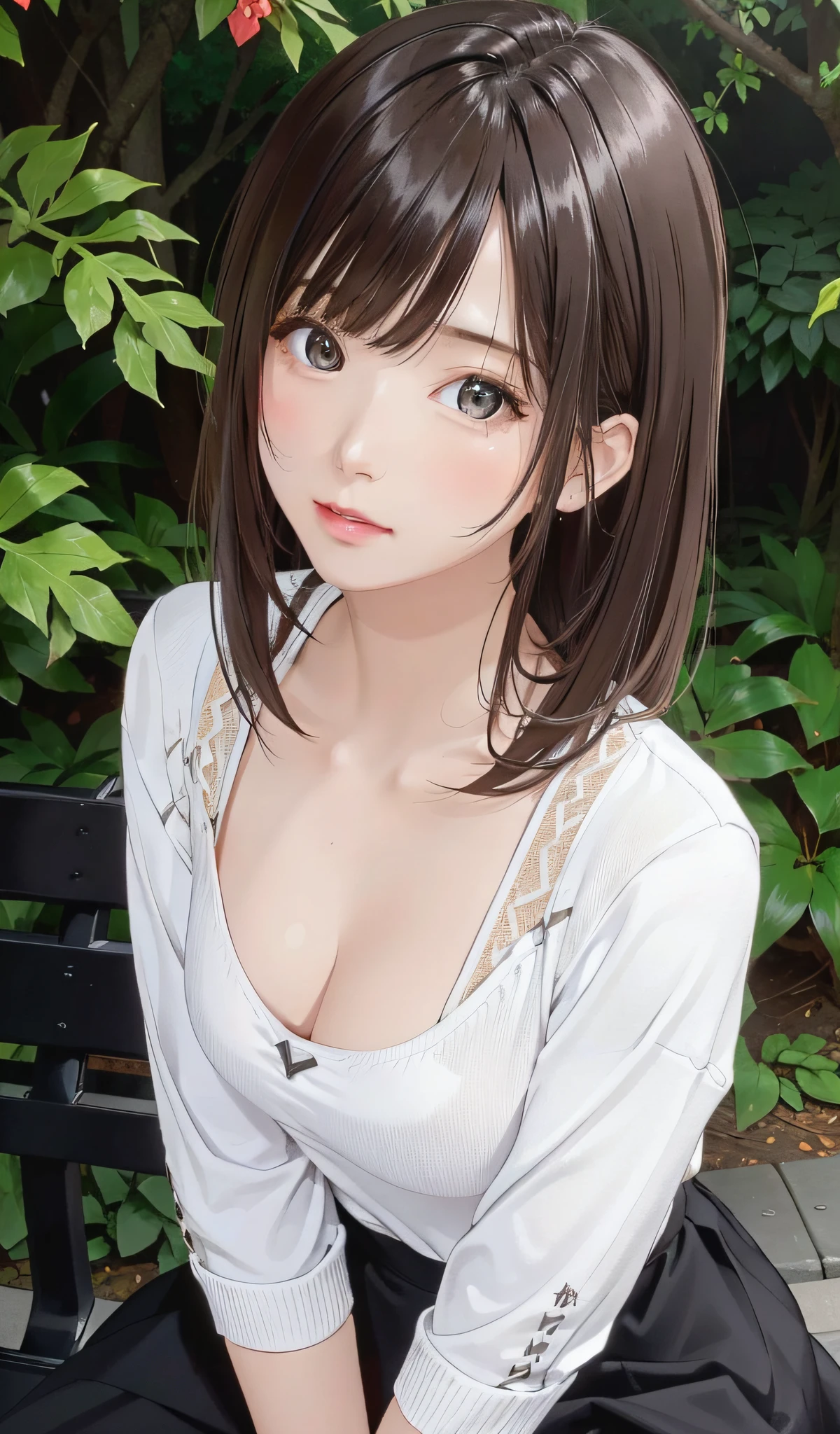 (masterpiece), (highest quality), (Super detailed), Two Girls, blush, ((lift up:1.2)), Happy, View Viewer, Big Hair, Brown Hair, wood々In a park with,bench, shy ,sit on the bench, ((slender)) ,anxiety, blush, mischief,From below,The body is slim,(Shiny skin), from the front, From above,Long wet ears, ((topless:1.2))