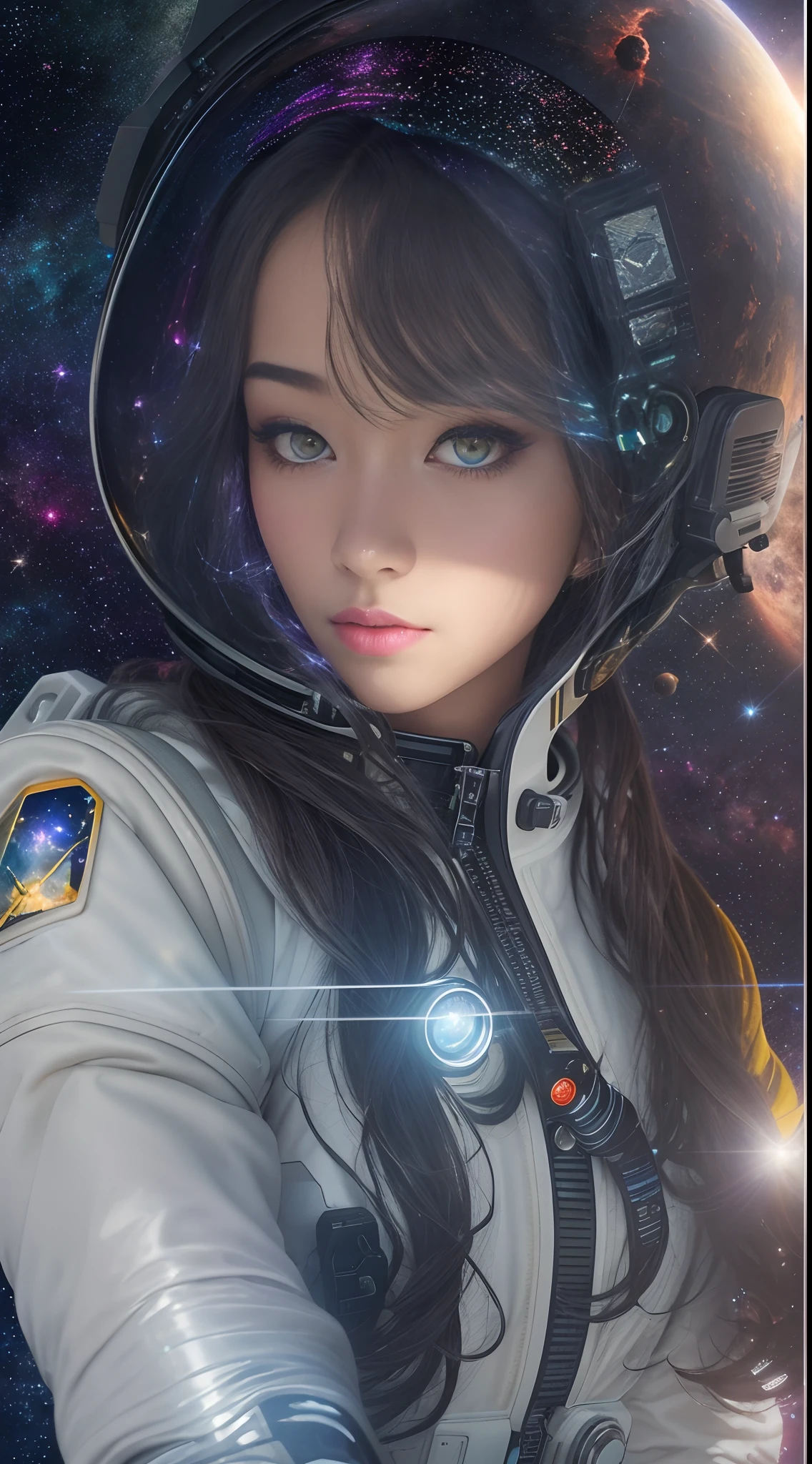 (tmasterpiece:1.2),best qualtiy,In space,(nigh sky,medium lenght hair:1.2),(illustratio:1.2),lindo cenario,dreads,(Elaborate luminescence,lens flare glow),(Hyper-detailing),Hyper-detailing,(exquisitedetails),(complexdetails),(Movie light,Best quality backlight),清晰的线条,New world,peeping at the viewer,Solo Woman,(Space Girl,the space),Oriental women,The girl looks like a Chinese movie star,Solo Woman,Perfect body,Beautiful girl,(1girll),(Bright bioluminescent hair,bright glowing eyes),(galaxias,Alien planet),(Astronaut wearing sexy futuristic style white fitted spacesuit:1.1),The material of the spacesuit is light and thin,Latex tight spacesuit,The chest of the spacesuit shows the starry sky,Slightly closed eyes,(cyber punk perssonage),(dyna:1.3),(putting makeup on)),hight contrast,(The best lighting,Extremely refined and beautiful),((Movie Moonlight)),Extremely colorful,((Photoshop Pastel Painting:1.1)),aethereal,(Movie Masterpiece),suspense,Funk,(Starskrim),splash of color,absolutly eye-catching,((Caustics)),dynamic angle,big breasts beautiful(detailed glow),(spine-chilling),(Intricate movie scenes behind it:1.2),Environmental occlusion, (Ambient moonshine), ray-traced reflection, intricately detailed visible background , (Glowing spacesuit), terroral, (Bioluminescent vegetation:1.2), terroral, uneasy, A futuristic, terroral, (Hologram heads-up display), (Delicate Great Comet)