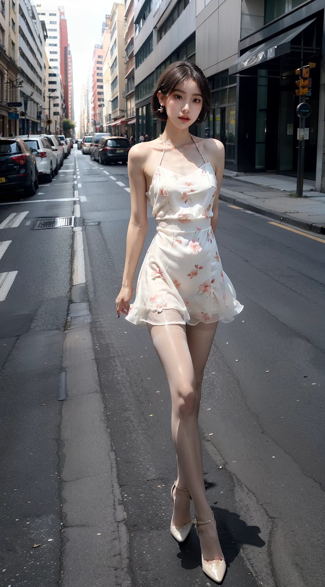 short detailed hair，Heavy makeup，Skinny sexy heels，Transparent colorless flesh silk pantyhose，ear studs，Long legs，8K，of streets，In the daytime，Floral dress，standing on your feet