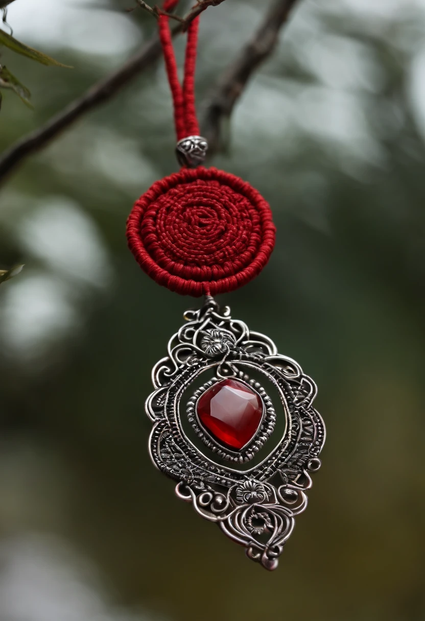 Handmade jewelry made of red waxed cord with macrame art . brinco e colar prateado e pedras vermelhas