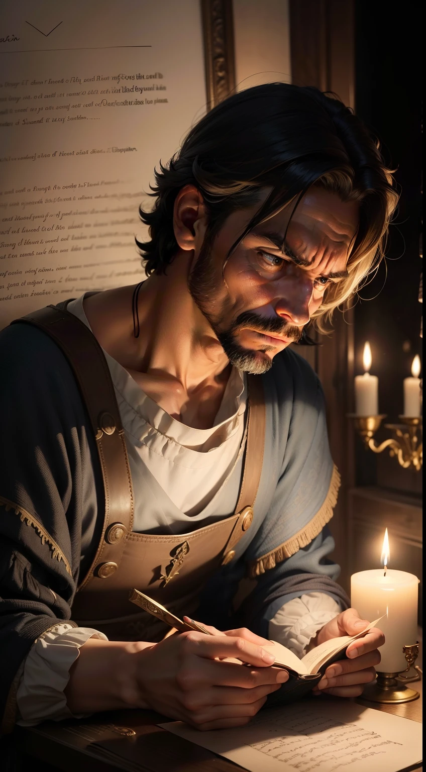 Personajes: Edipo, a mysterious letter.Description: Edipo reading a mysterious letter with a furrowed brow.epoch: Ancient Greece.Lugar: Candle-lit chamber.action: Unraveling a secret message.Background: Antique parchment and candles.Tipo de plano: Medium shot of Edipo reading.Estilo: Hyper-realistic, cinematic.