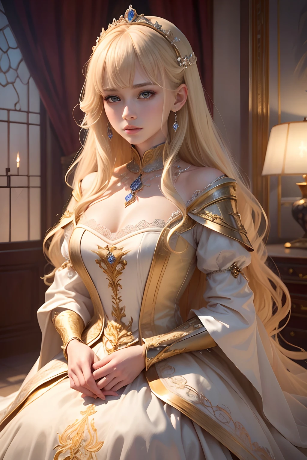 ((top-quality、tmasterpiece、8K))、Blonde beauty、Delicate and beautiful face、（Luxury dress in medieval European style、Princess）、luxury accessories、European-style castle、Cinematic lighting、Textured skin、Super detail、high detal、High quality、A high resolution