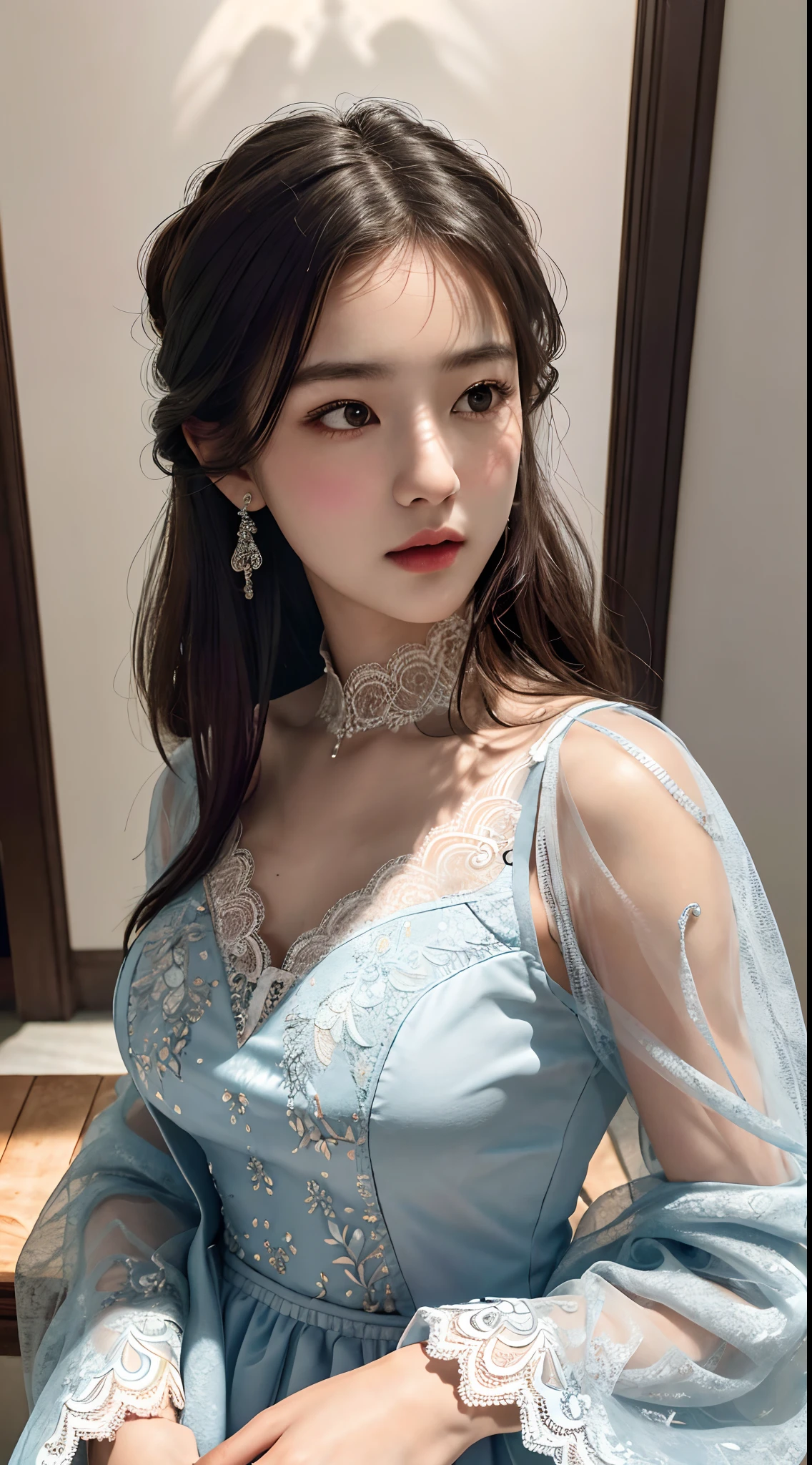 best quality, masterpiece,intricate detail, depth of field,highest quality,extremely detailed,high res,4k,ultra high res,detailed shadow,ultra realistic,realistic,dramatic lighting, 1girl, solo,detailed face,detailed eye,realistic skin,narrow waist,lace, lace trim,dress,delicate pattern, intricate detail,